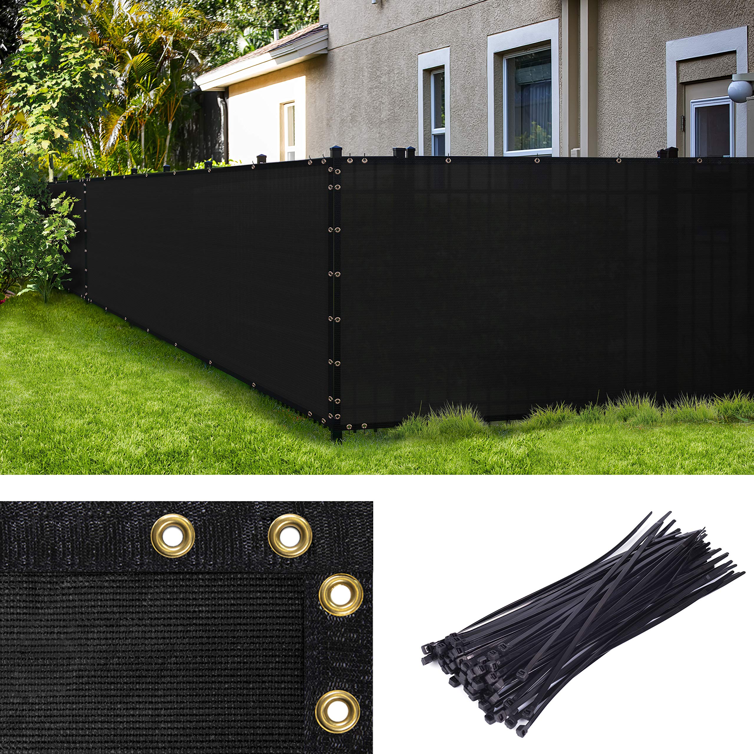AMGO Heavy Duty 3' x 97' Black Privacy Fence Screen with Grommets & Bindings - 90% UV Block Wind Barrier for Backyard, Pool, Garden, Patio & Commercial Use | Includes Cable Zip Ties | Custom Sizes Available