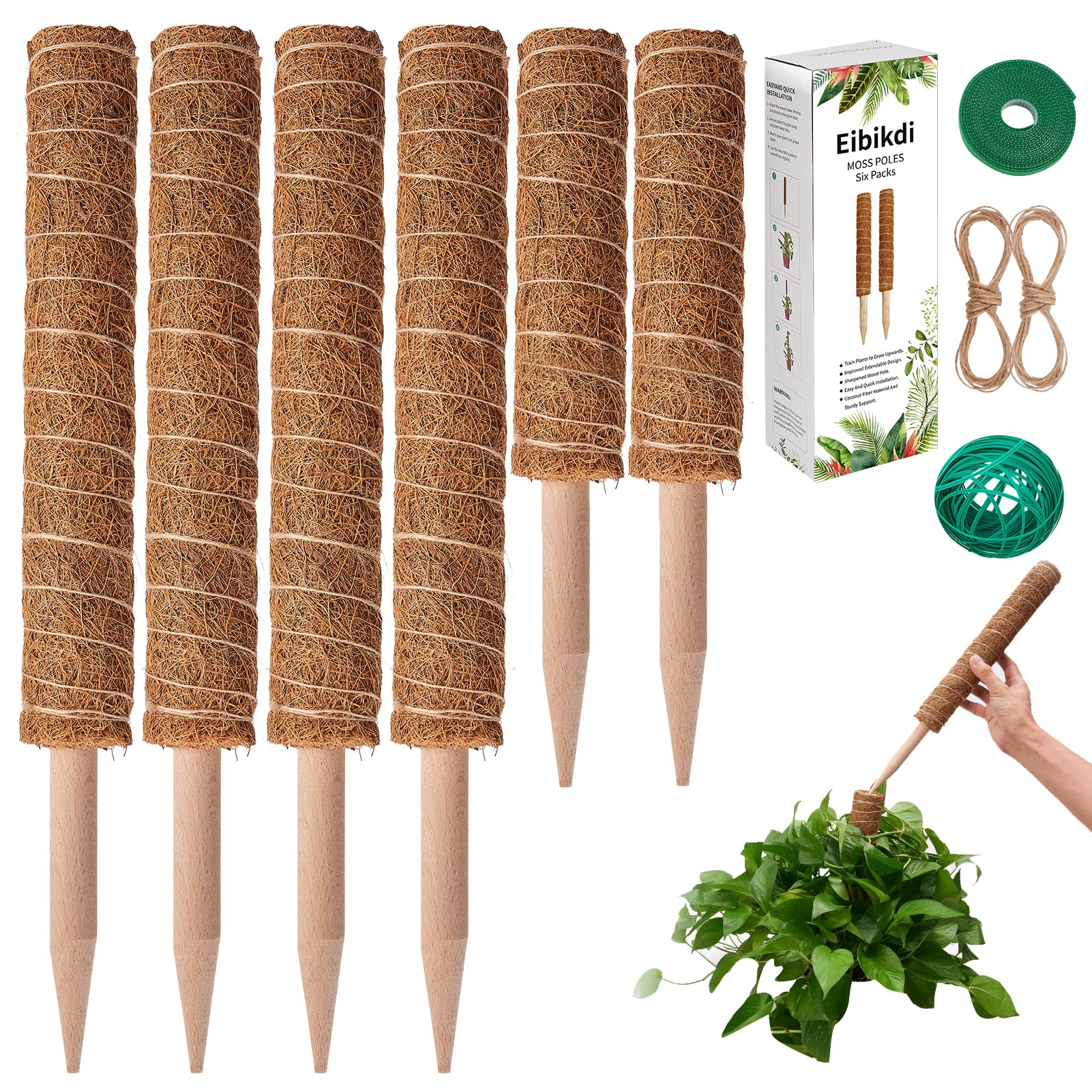 6 Pack Extendable Moss Pole for Plants - Up to 68 Inches Tall, Plant Support Stakes for Monstera & Indoor Climbing Plants with 65ft Twist Ties, 13ft Jute Rope & 6.5ft Hook-and-Loop Strips - Perfect for Indoor Gardening, Vertical Plant Growth & Home Decor