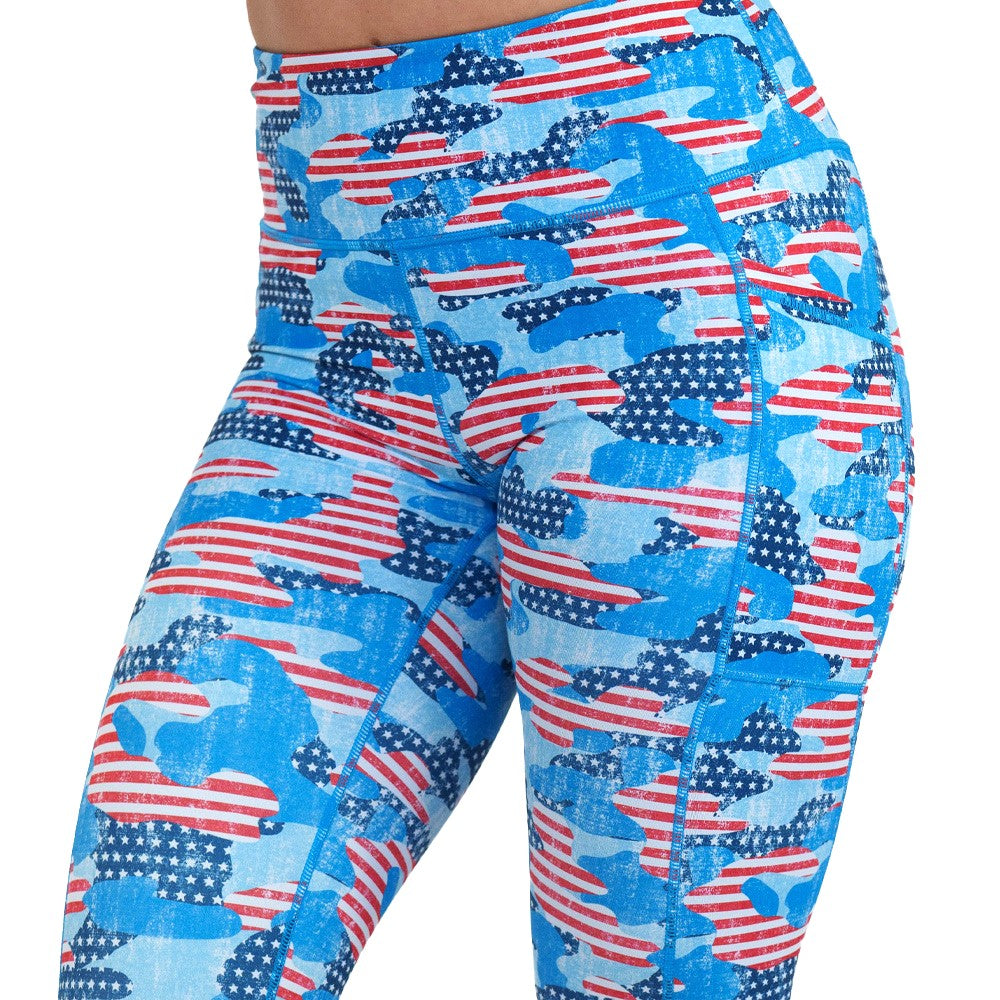 Patriotic Camo Flag Leggings for Women - High Waist Yoga Pants with USA Print - Perfect for Workout, Gym, Running & Casual Wear