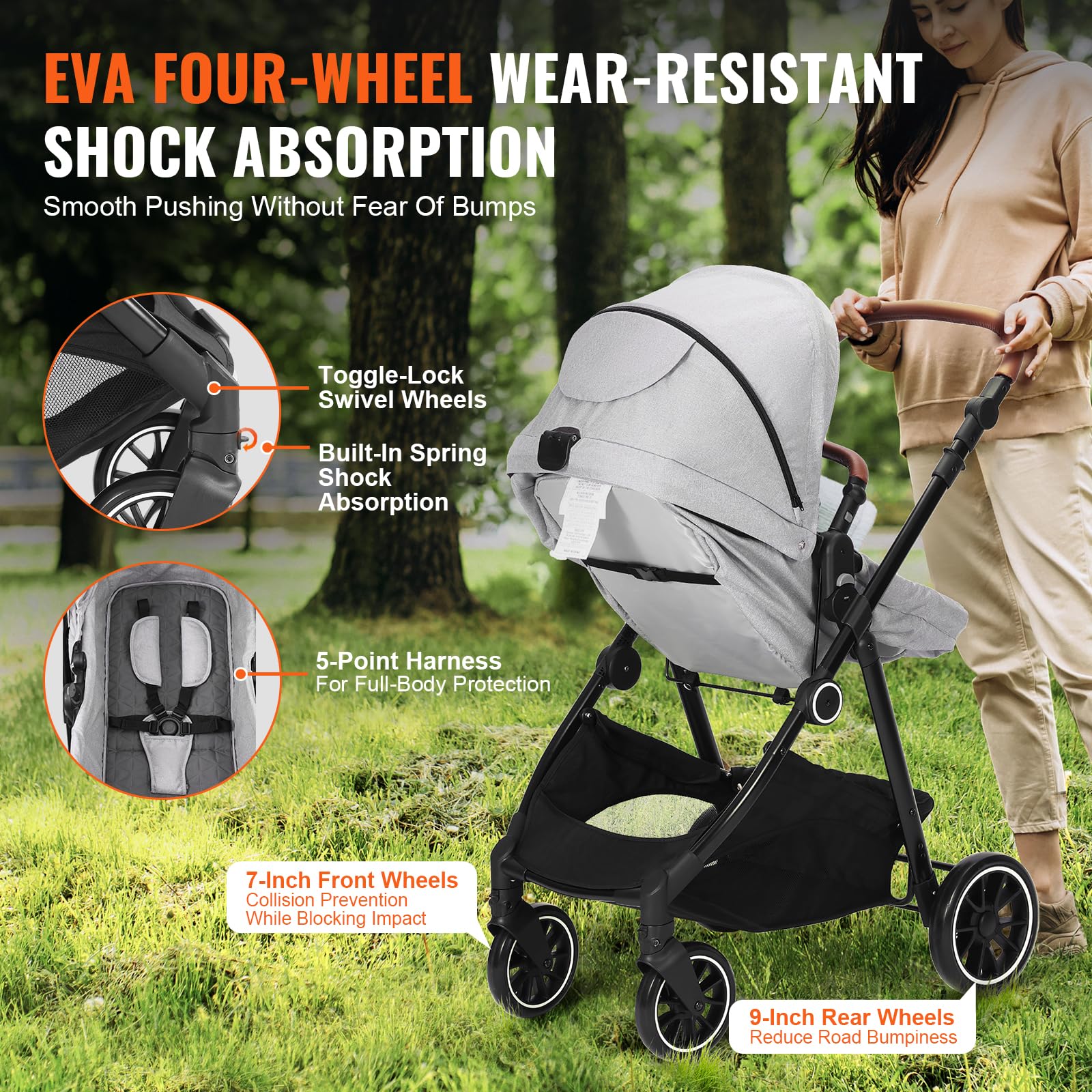 VEVOR Standard Baby Stroller with Bassinet - 3-Position Adjustable Reversible Seat, Foldable Lightweight Design, Carbon Steel Frame & Mesh Net Cover - Perfect for Newborns to Toddlers (Light Grey) | Ideal for Daily Walks, Shopping & Travel