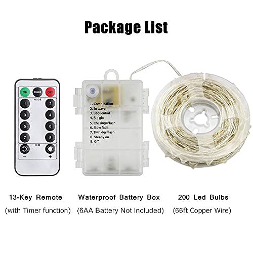 200 LED Fairy String Lights with Remote - 66ft Battery Operated Waterproof Christmas Lights, 8 Modes & Timer Function, Warm White Silver Wire for Bedroom, Wedding, Party Decorations & Outdoor Garden Lighting
