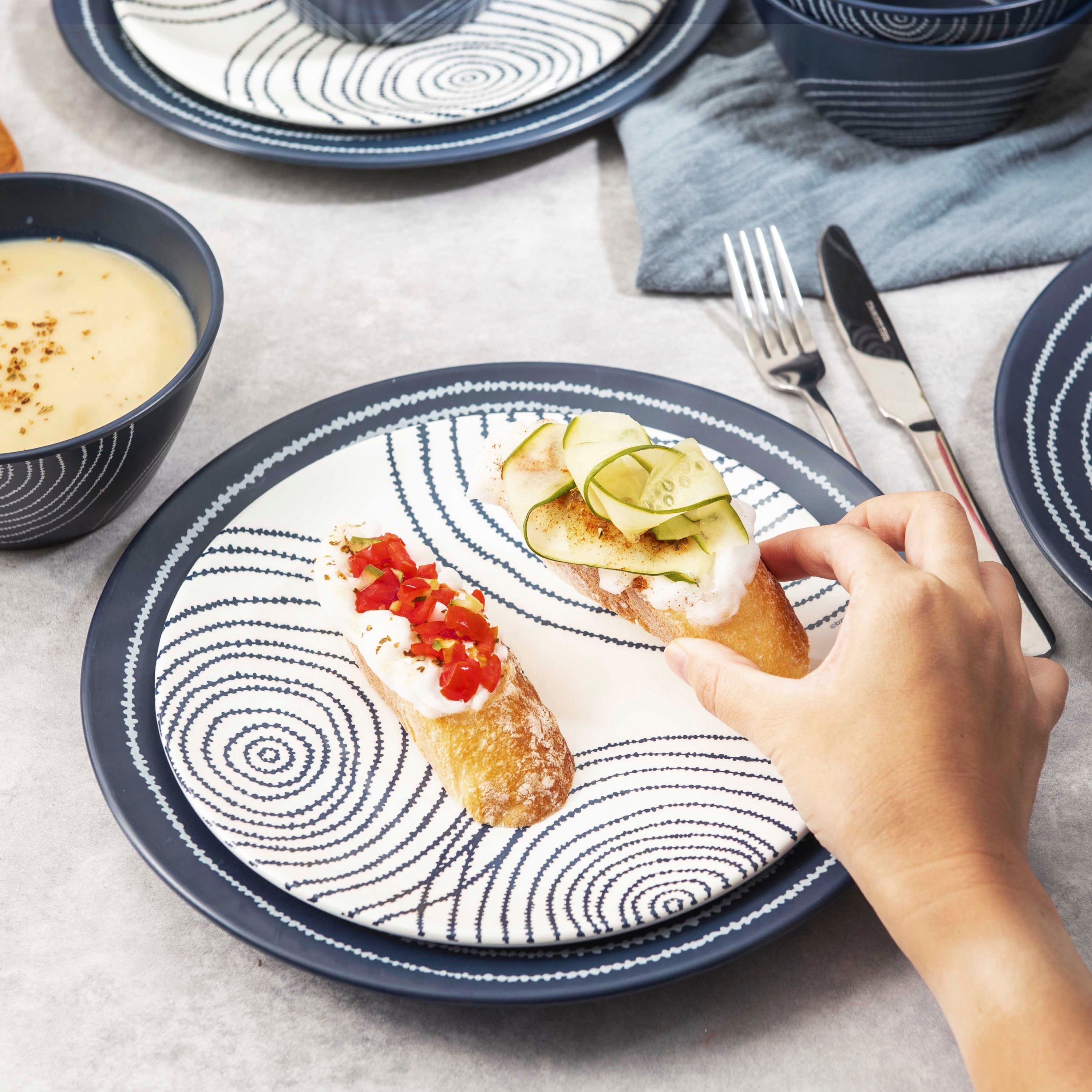 12-Piece Planet Melamine Dinnerware Set - French Navy Blue Plates & Bowls for Outdoor Picnics, Camping, and Durable Everyday Use