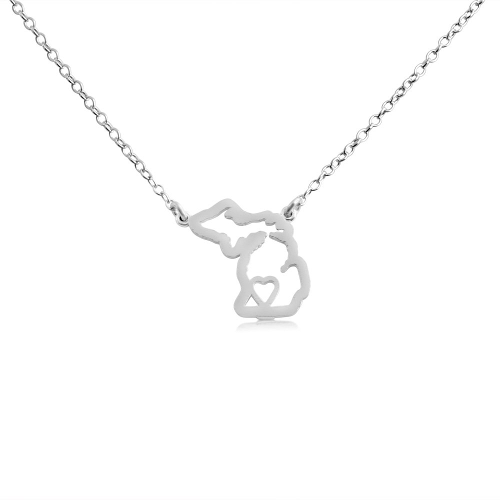 Belcho USA 925 Sterling Silver Small Michigan Pendant Necklace - 'Home is Where The Heart is' Home State Jewelry - Perfect for Gifts, Travel Souvenirs & State Pride