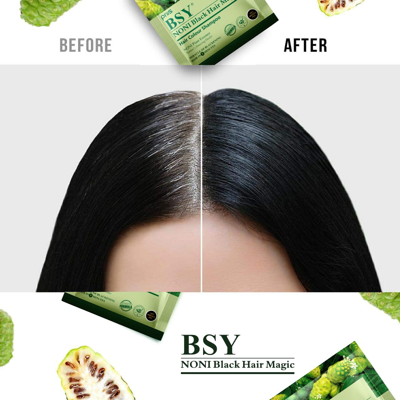 BSY Noni Black Hair Magic Hair Color Shampoo (20ml x 10 Sachets) - Ammonia Free Permanent Hair Dye for Men & Women | Natural Noni Fruit Extract | At-Home Hair Coloring Solution for Gray Coverage & Vibrant Black Shine