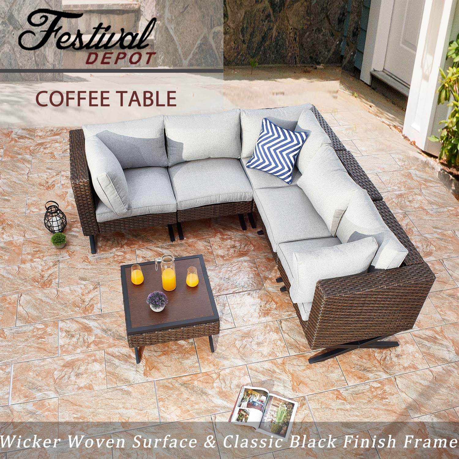 Festival Depot Metal Outdoor Side Coffee Table - Wood Grain Top Wicker Rattan Furniture with X-Shaped Steel Legs - Brown & Black Square Patio Bistro Table for Living Room, Dining Area, Garden & Poolside Relaxation