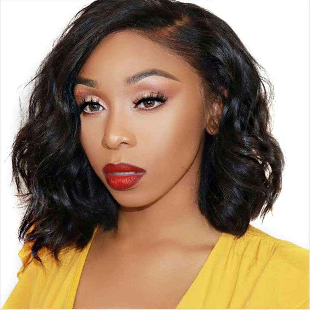 13x4 Lace Front Human Hair Wig - Short Bob Body Wave with Pre-Plucked Bleached Knots | Natural Black Color | No Shedding 130% Density 10