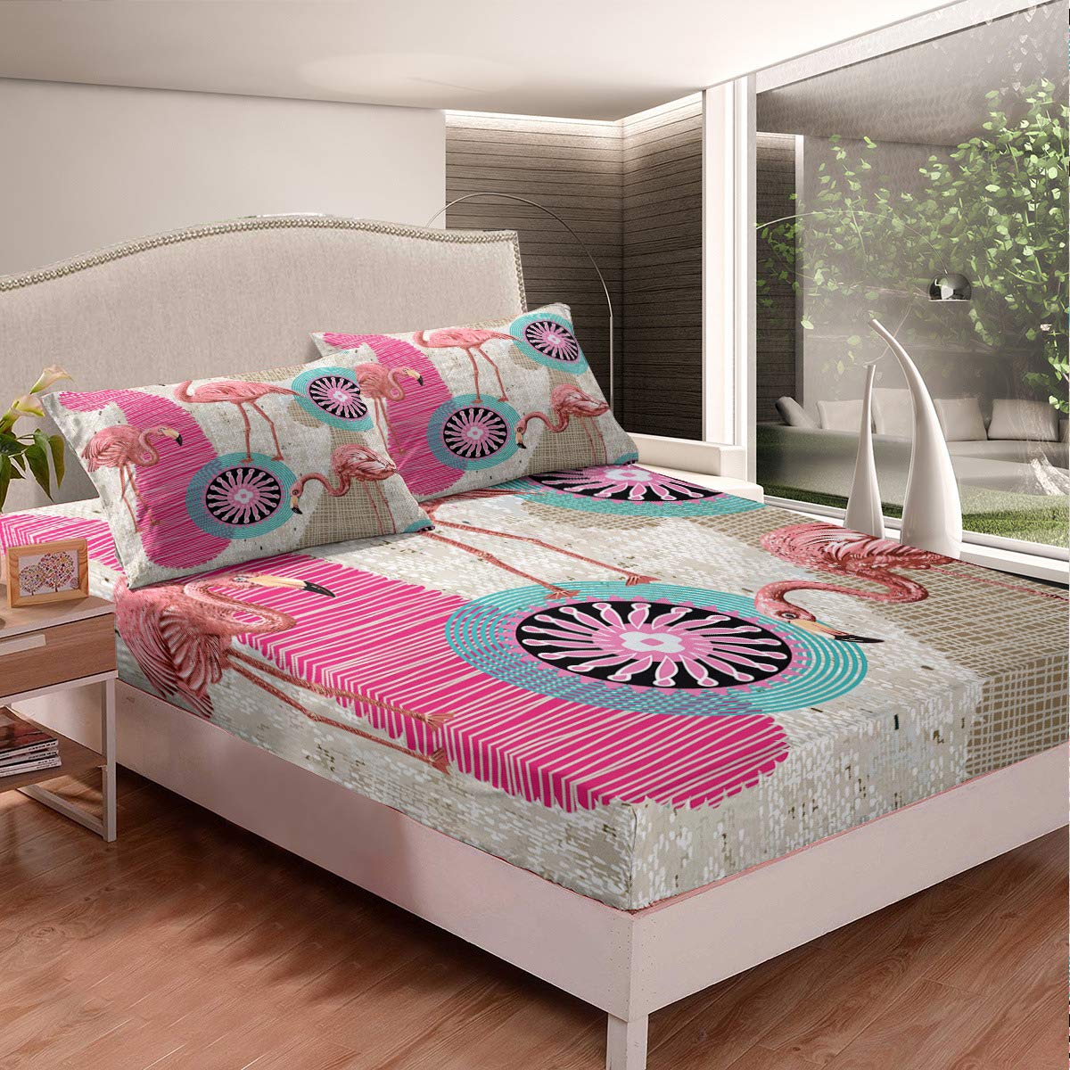 Retro Flamingo Print Twin Size Fitted Sheet Set - Ultra Soft Deep Pocket Bedding (1 Fitted Sheet + 1 Pillowcase) for Kids & Adults - Mediterranean Style Fuchsia Pink Home Decor - Perfect for Beach House, Boho Bedroom or Tropical Themed Nursery