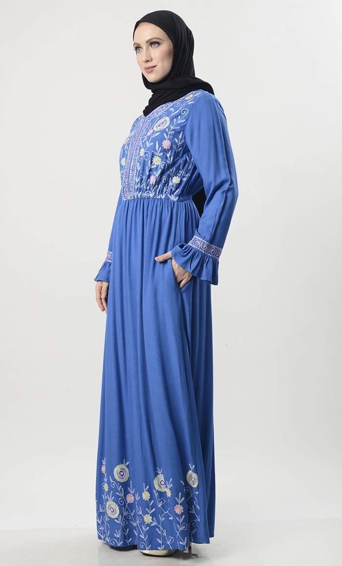 Floral Embroidered Dress with Pockets - Elegant Summer Dress for Women, Perfect for Weddings, Parties & Casual Outings