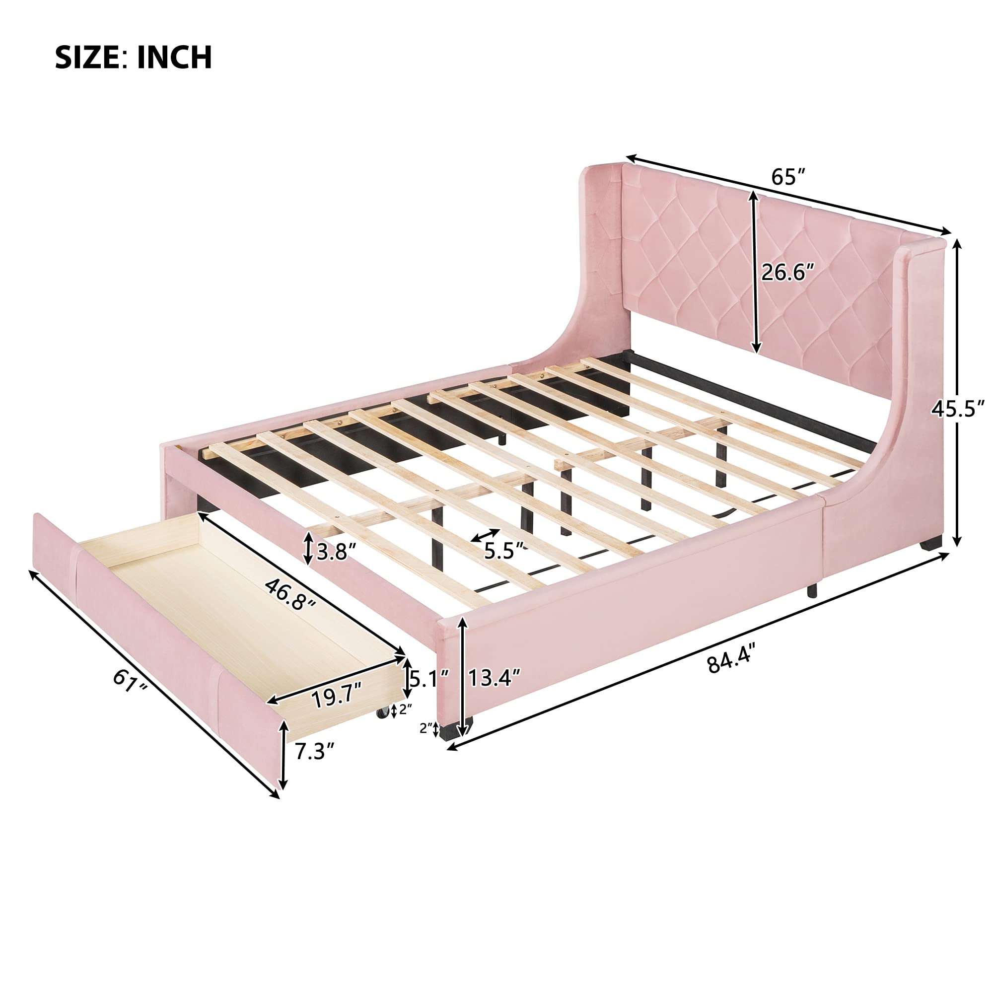 Harper & Bright Designs Queen Size Velvet Upholstered Platform Bed with Storage Drawer & Wingback Headboard - No Box Spring Needed, Pink - Perfect for Bedroom, Guest Room & Small Space Living