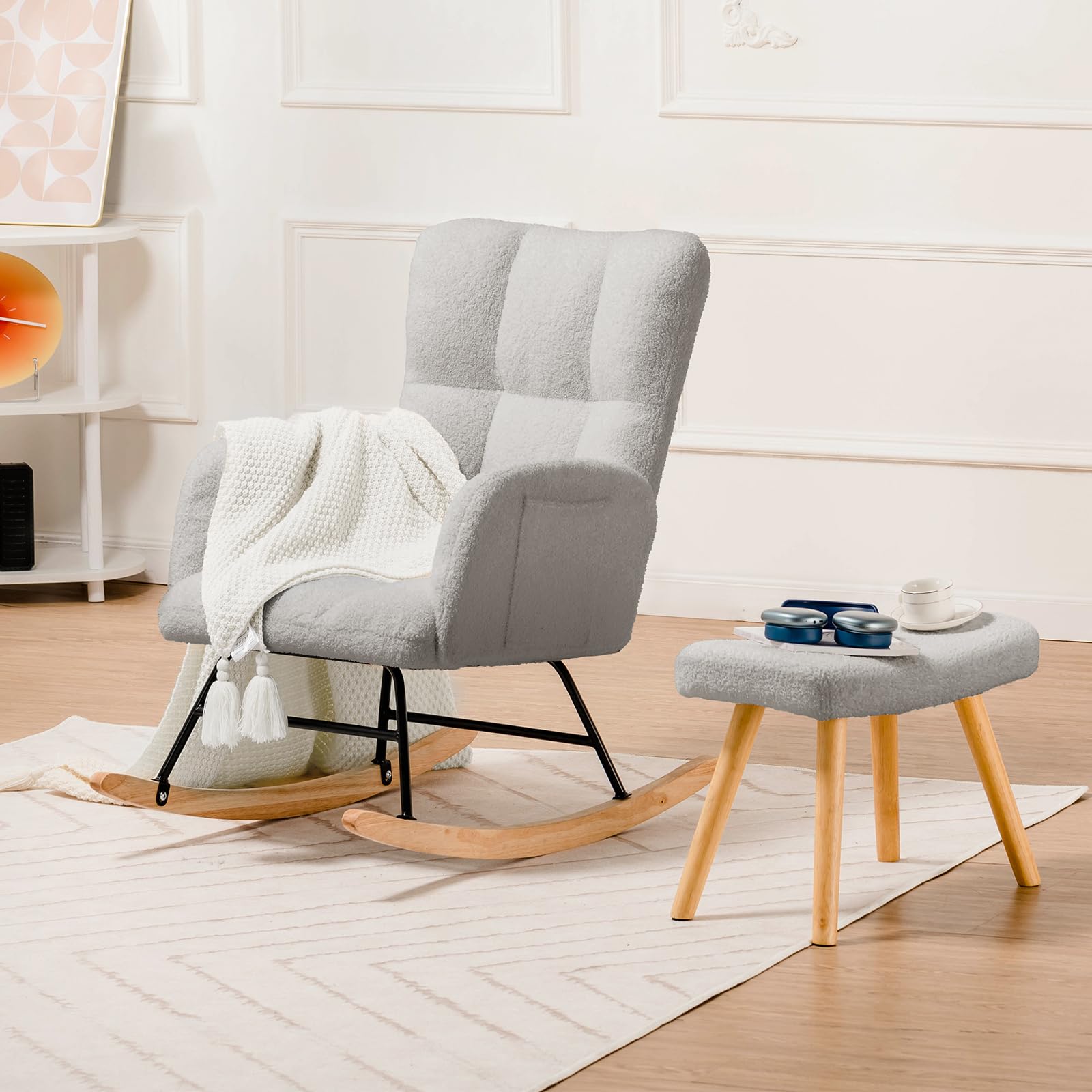 COMHOMA Nursery Rocking Chair with Ottoman - Teddy Glider Rocker Accent Chair with High Backrest for Adults - Comfortable Reading Chair for Bedroom, Living Room & Office - Perfect for Nursing, Relaxing & Reading (Gray)