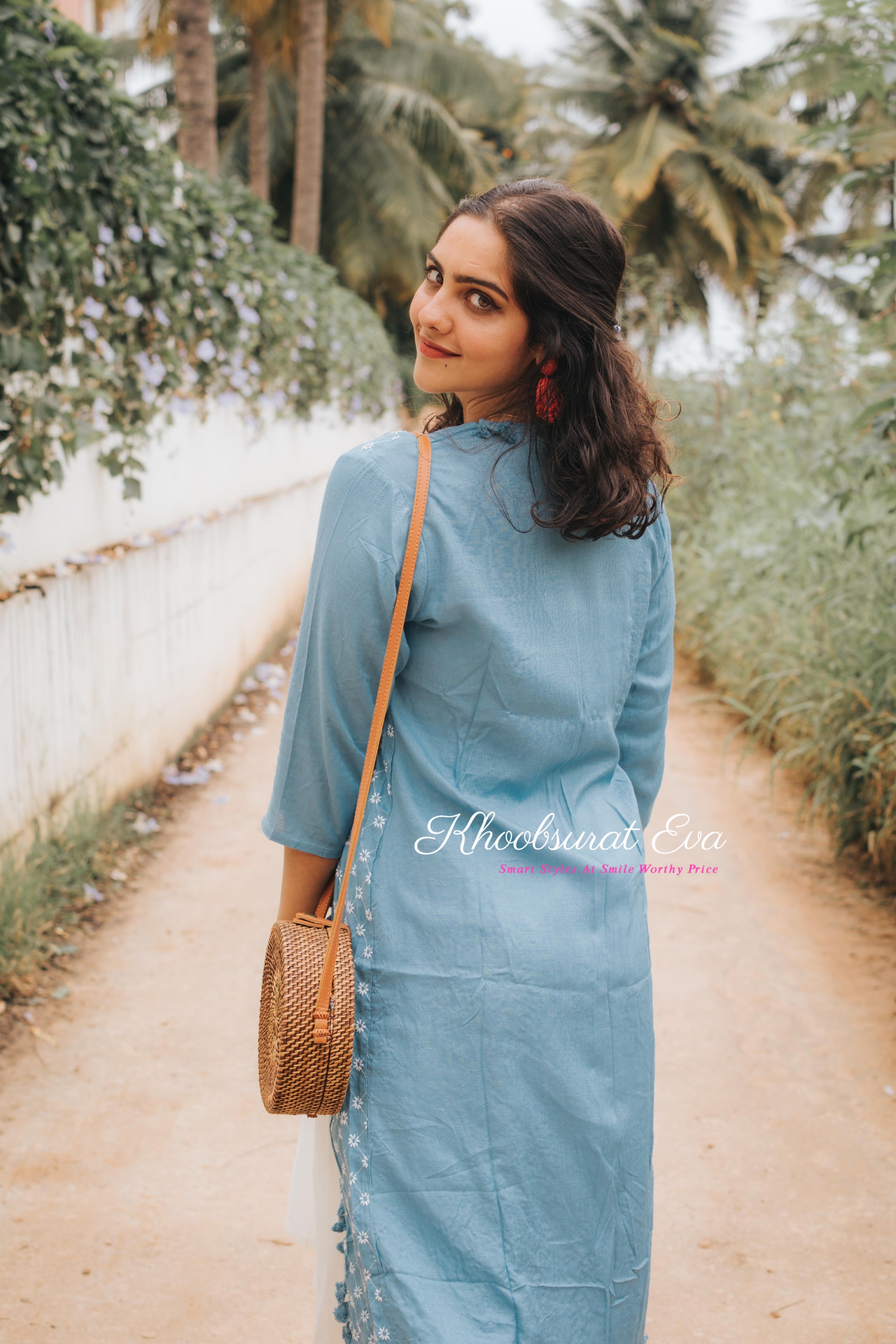 Blue & White Embroidered Jacket Maxi Dress for Women - Elegant Floral Embroidery Long Dress with Detachable Jacket - Perfect for Weddings, Parties & Special Occasions