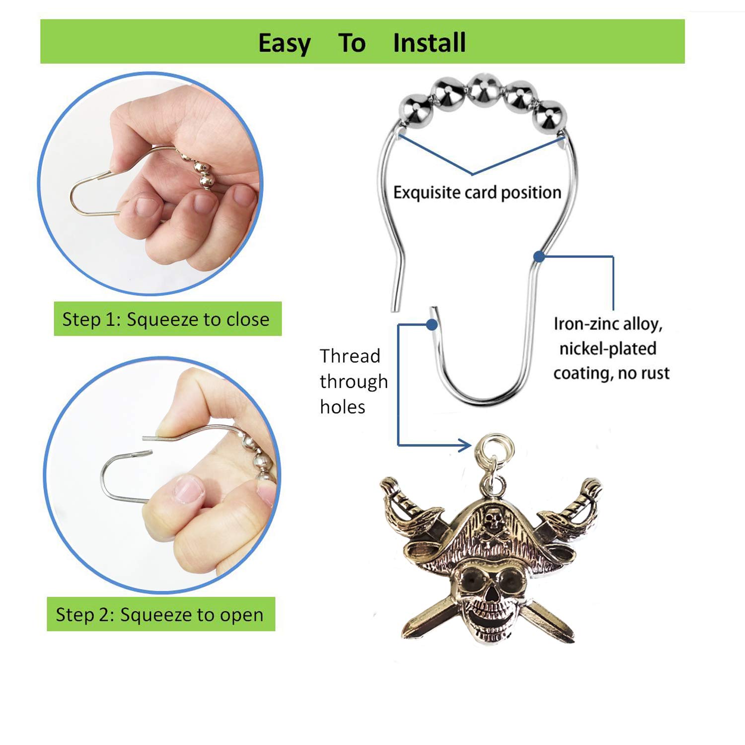 Pirate Skull Anchor Shower Curtain Hooks Set - Silver Metal Decorative Bathroom Accessories with Nautical Theme for Coastal, Beach & Ocean Inspired Bathroom Decor | Perfect for Tropical, Marine & Pirate Style Bathrooms
