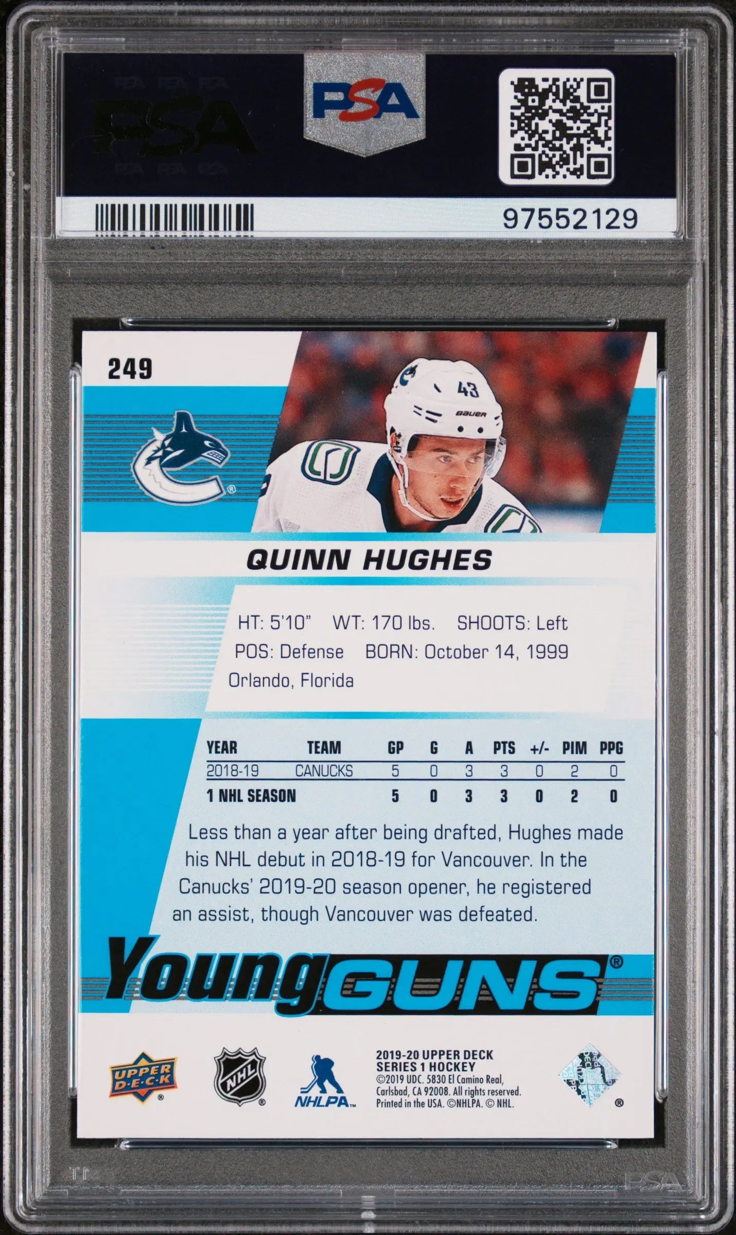 2019-20 Upper Deck Series 1 Hockey Quinn Hughes Young Guns Rookie Card #249 PSA 9 Mint - Perfect for Collectors, Investors & Hockey Fans (Great Gift for NHL Enthusiasts)