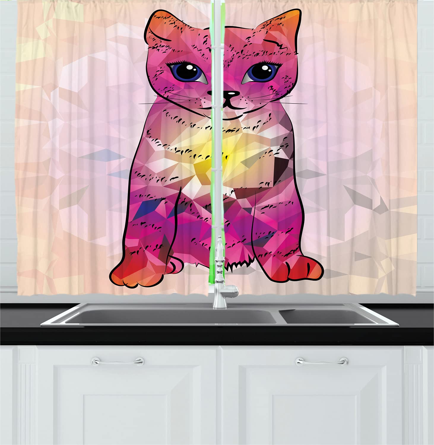 Ambesonne Geometric Cat Kitchen Curtains - Pink Fuchsia Retro Robot Cat Design with Digital Patterns, 55