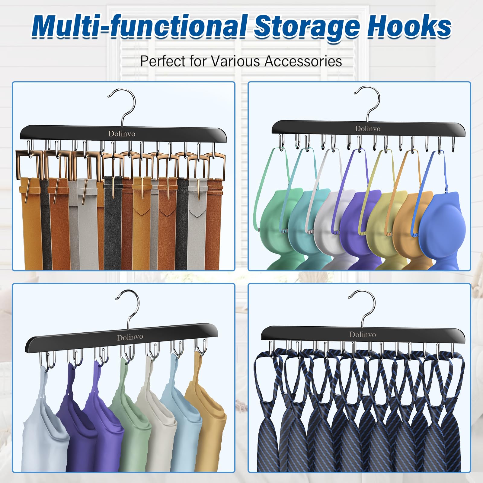 Wooden Belt Hanger Organizer with 14 Hooks - 360° Rotating Rack for Belts & Ties - Holds Up to 42 Belts - Space Saving Closet Storage Solution - Perfect for Home, Office & Travel Organization (2-Pack)