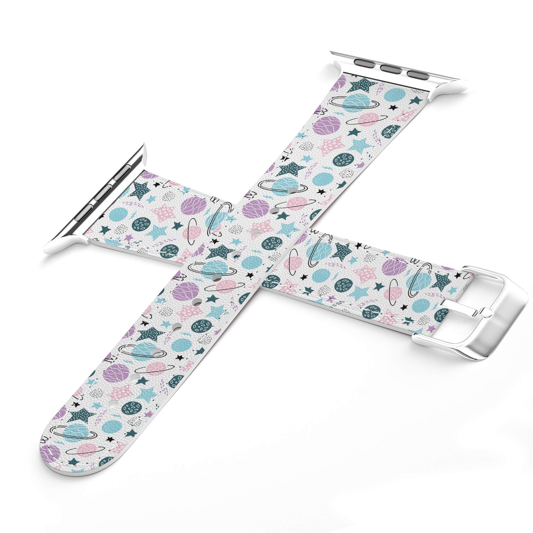 Elegant Purple PU Leather Wristband for Apple Watch Series 7/6/5/4/3/2/1/SE & Galaxy Phones - 38-45mm Planets Pastel Print Strap | Perfect for Workouts, Office Wear & Fashion Accessories