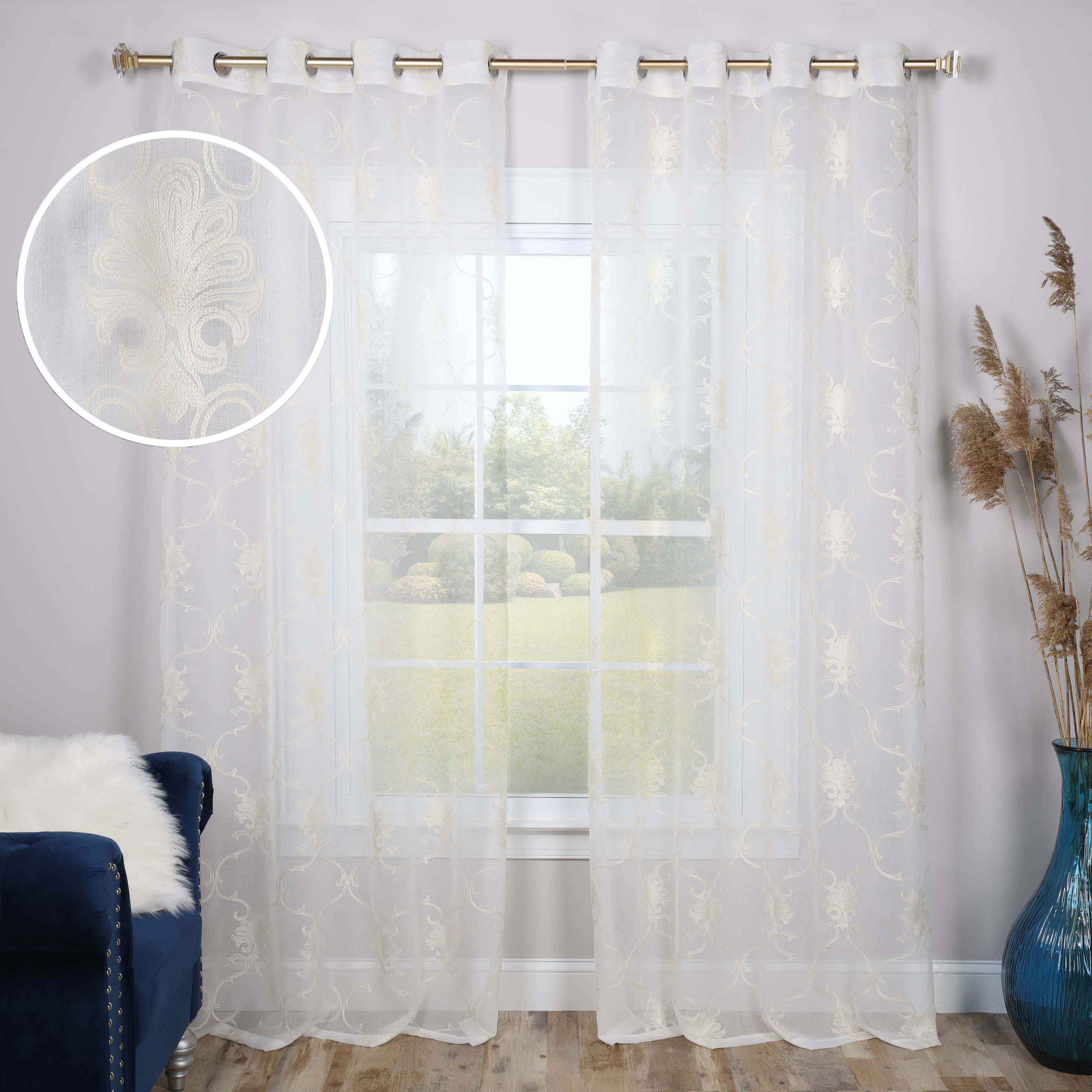 Embroidered Elegant Scroll Sheer Grommet Curtain Panel Set - Light Filtering Window Drapes for Living Room, Bedroom & Dining Room Decor