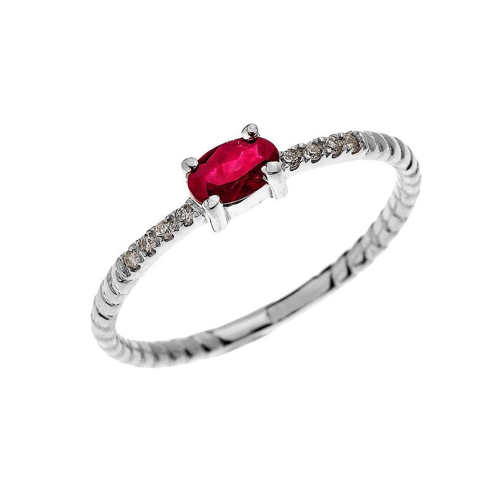 14K White Gold Diamond & Solitaire Oval Ruby Rope Design Stackable Ring for Women - Elegant Proposal, Engagement & Wedding Jewelry Gift for Her - Perfect for Anniversaries, Valentine's Day & Special Occasions