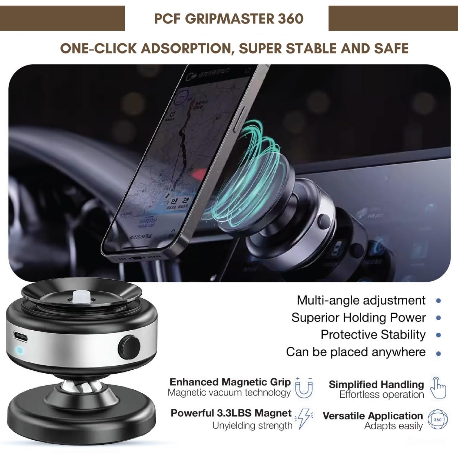 360° Magnetic Phone Holder for Car - Strong Vacuum Suction Cup & Glass/Mirror Mount, 360° Rotation Adjustable Phone Stand (Silver) - Perfect for GPS Navigation, Hands-Free Calling & Road Trips