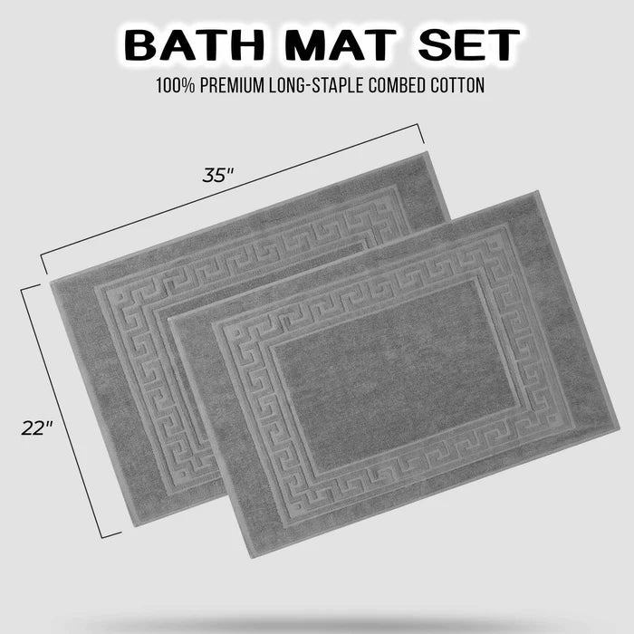 Premium Cotton 2-Piece Greek Key Border Bath Mat Set - Ultra Absorbent, Non-Slip Bathroom Rug - Perfect for Modern Bathrooms, Master Suites & Spa-Like Retreats