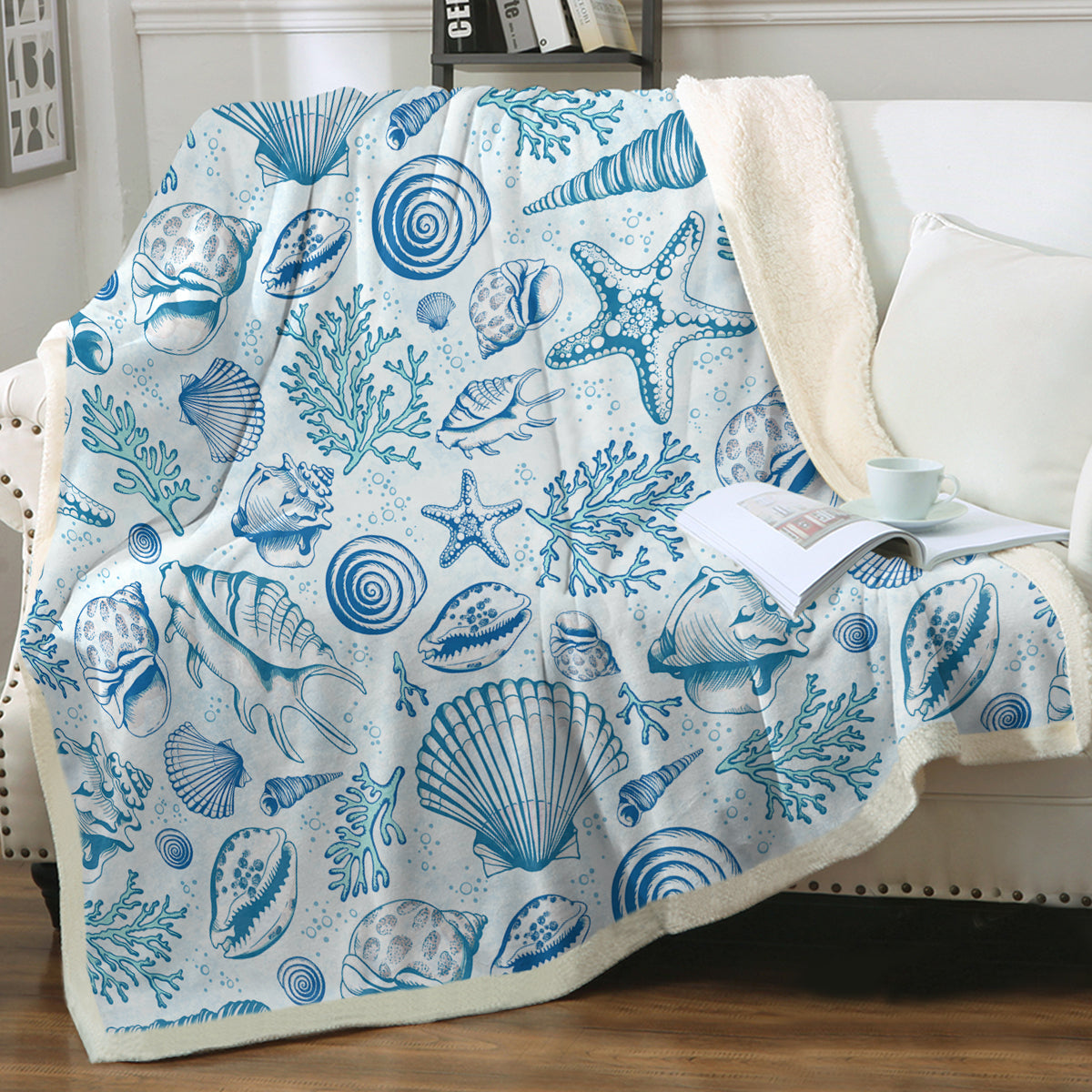 Cozy Blue Seashells Sherpa Fleece Blanket - Ultra Soft & Warm Throw for Bed, Couch, and Travel - Perfect for Winter Nights, Camping, and Gifts