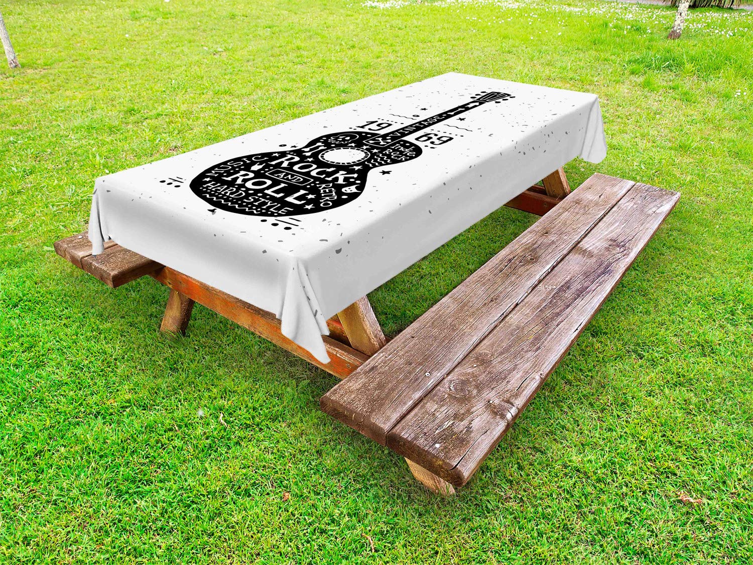 Ambesonne Vintage Guitar Outdoor Tablecloth - Hand Drawn Rock and Roll Design, Grunge Style Washable Picnic Table Cover 58