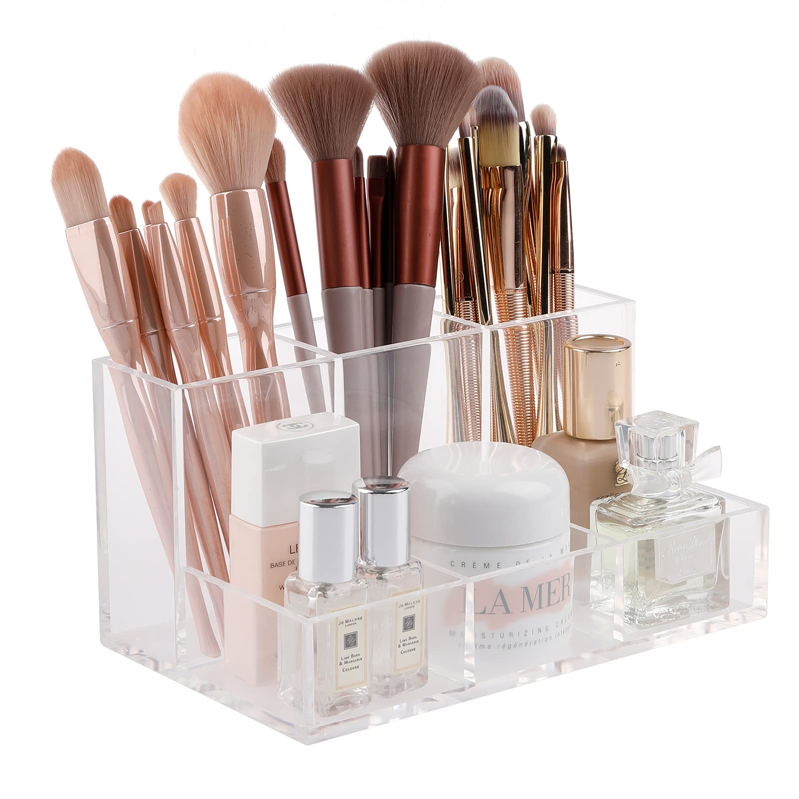 Clear Makeup Brush Holder & Cosmetics Organizer with 6 Compartments - Desktop Storage Box for Beauty Supplies, Lipstick, Jewelry & Stationery | Perfect for Vanity, Bathroom, Countertop & Office Organization