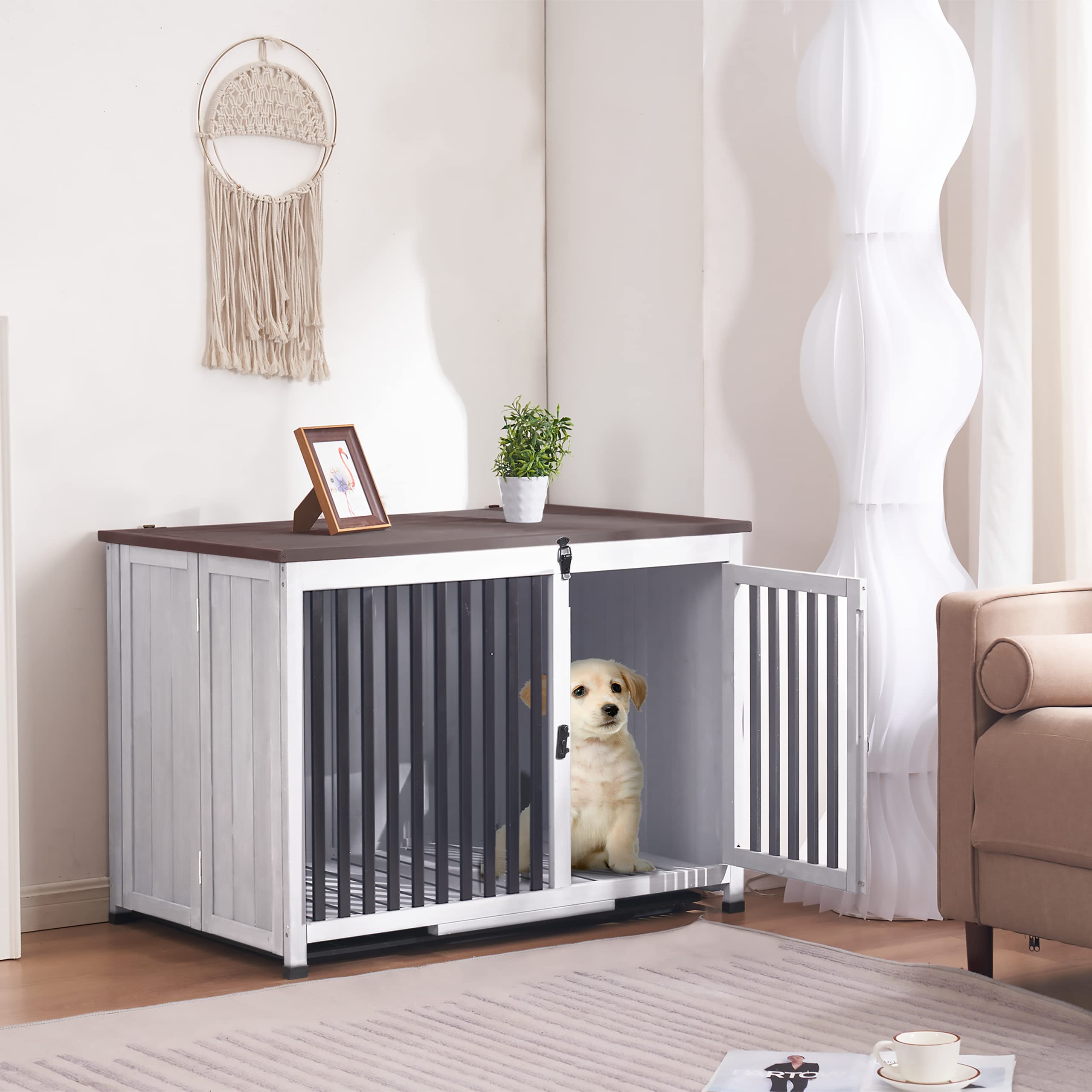 MCombo Solid Wood Dog Crate Furniture - Foldable Portable Indoor Dog Kennel End Table with Removable Tray (Large, White & Brown) - Perfect for Living Room, Bedroom & Pet-Friendly Home Decor