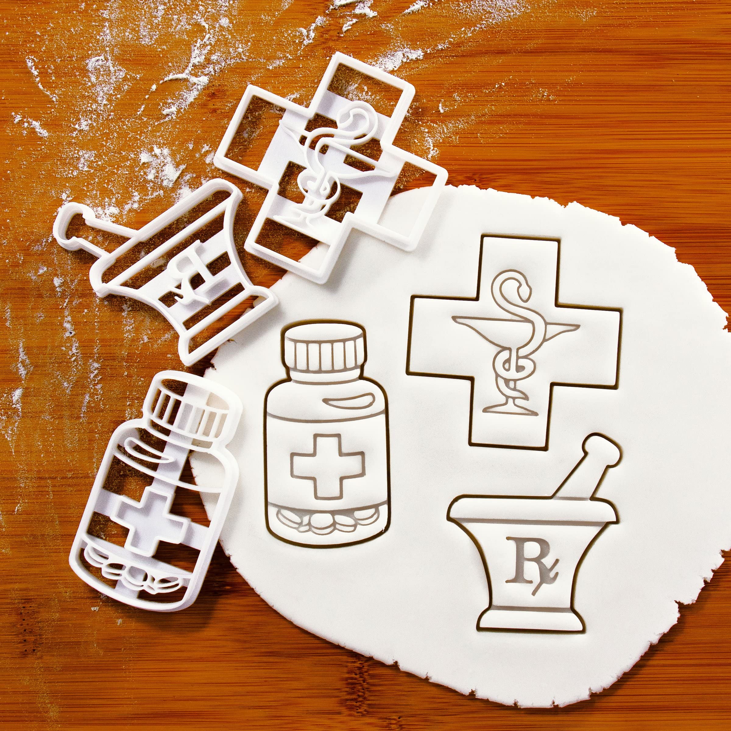 Set of 3 Pharmacy-Themed Cookie Cutters - Pill Bottle, Mortar & Pestle, Pharmacy Logo | 3-Piece Baking Tools for Medical-Themed Cookies, Pharmacist Gifts & Healthcare Party Decorations