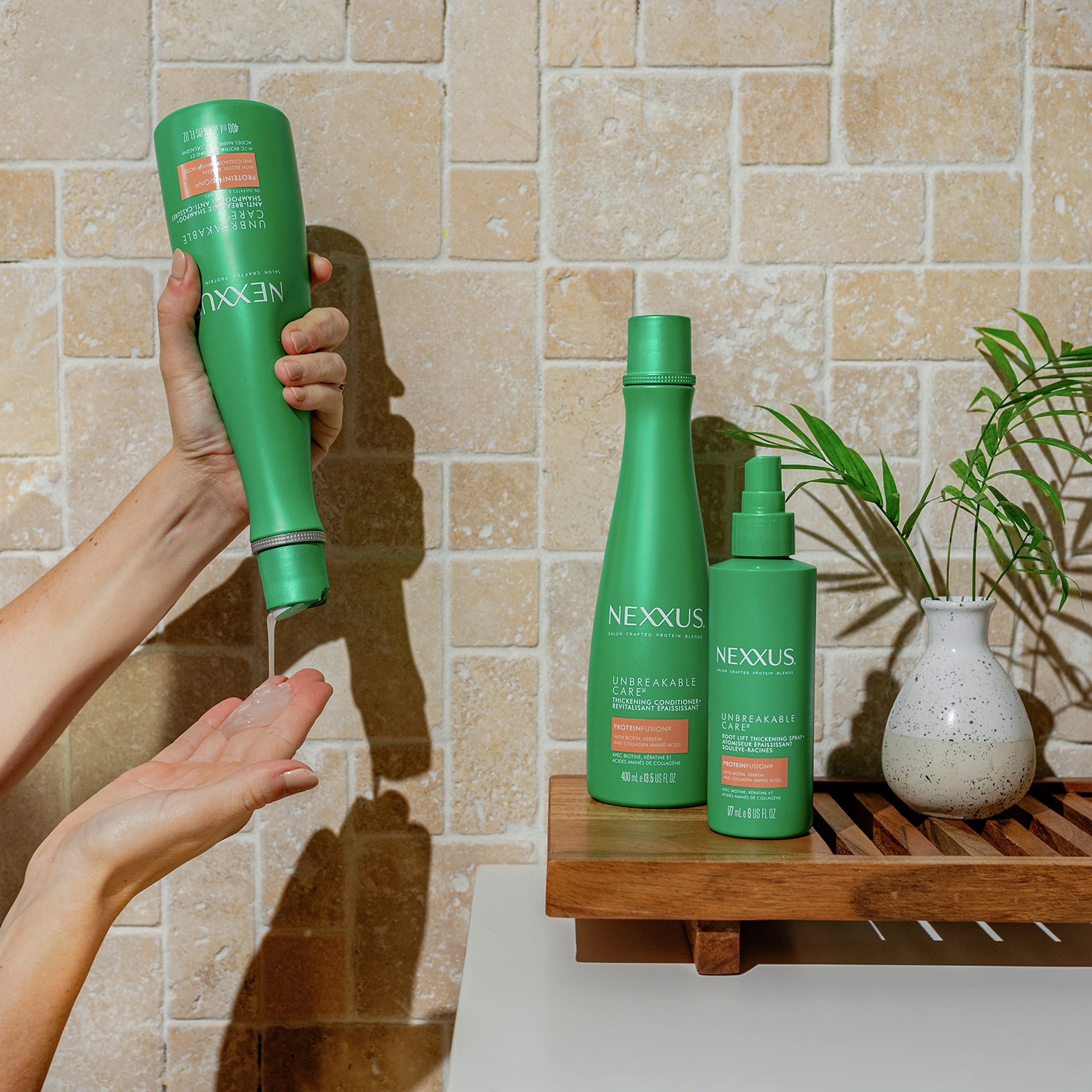Nexxus Unbreakable Care Shampoo, Conditioner & Leave-In Spray 3-Pack for Fine Thin Hair - Keratin Collagen Biotin Treatment (13.5oz + 6oz) - Volumizing Hair Care Set for Daily Use & Damaged Hair Repair