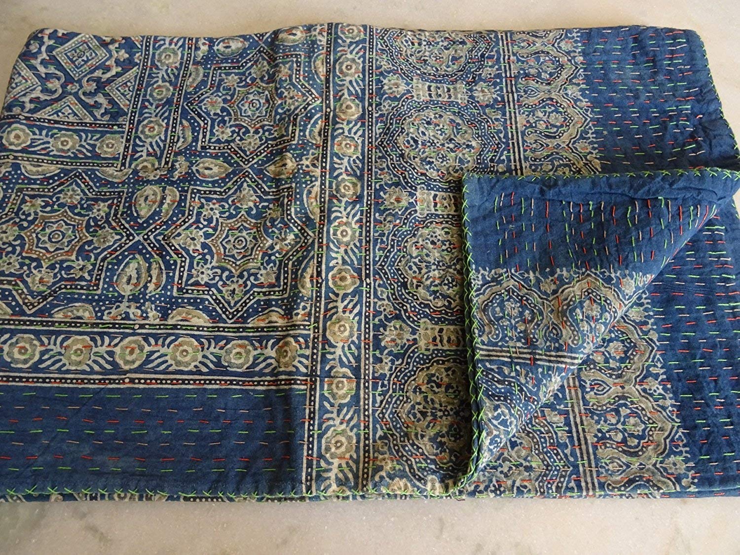 Handmade Indian Ajrakh Kantha Quilt - Reversible Cotton Bedspread, Throw Blanket & Gudri Quilt | Traditional Sari Patchwork Design for Bedroom Decor, Sofa Cover & Cozy Home Use