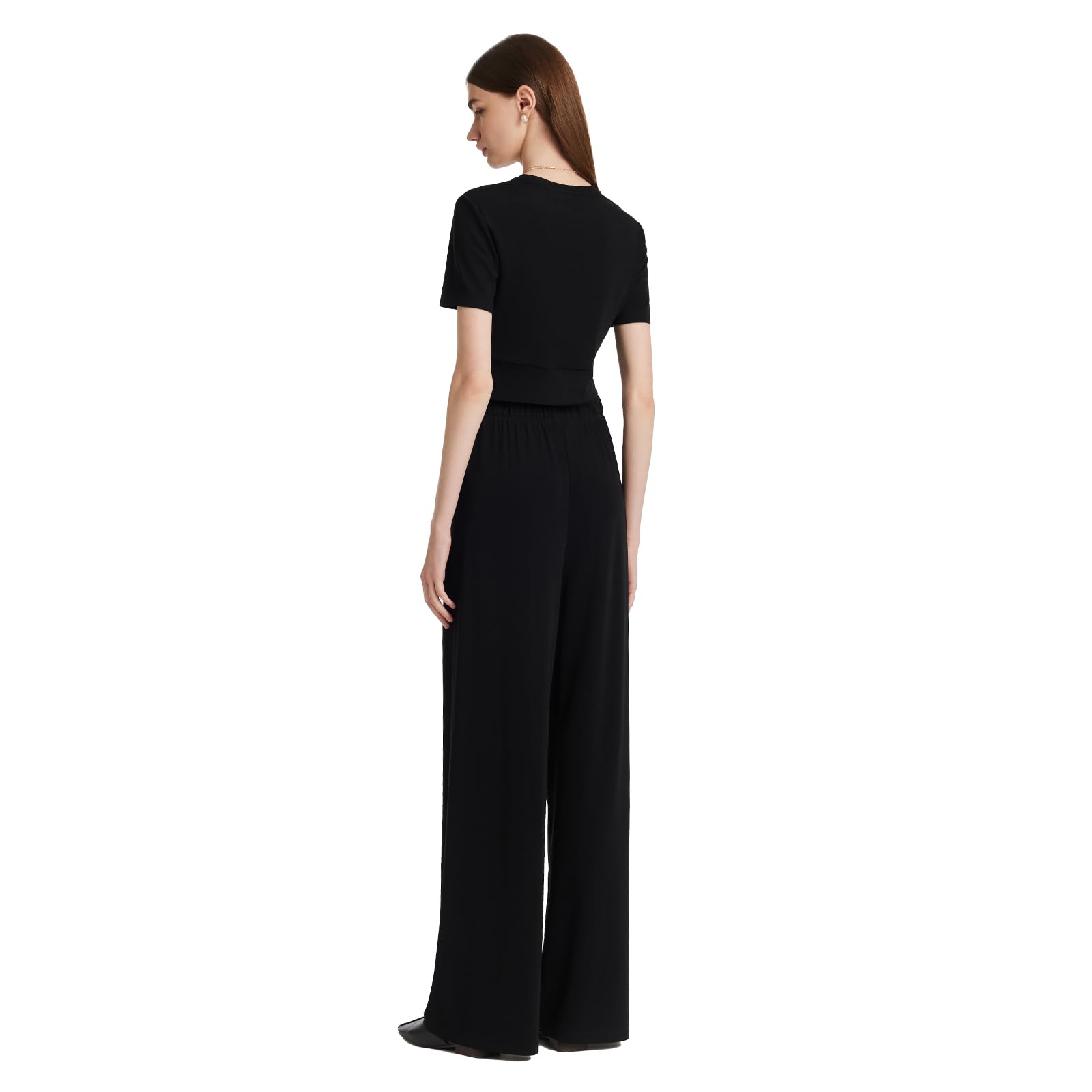 GOELIA Women's Summer 2-Piece Outfit - Acetate Short Sleeve Black T-Shirt & Wide Leg Lounge Pants Set | Casual Knit Tops & Comfortable Pajama Pants for Home, Vacation & Relaxation