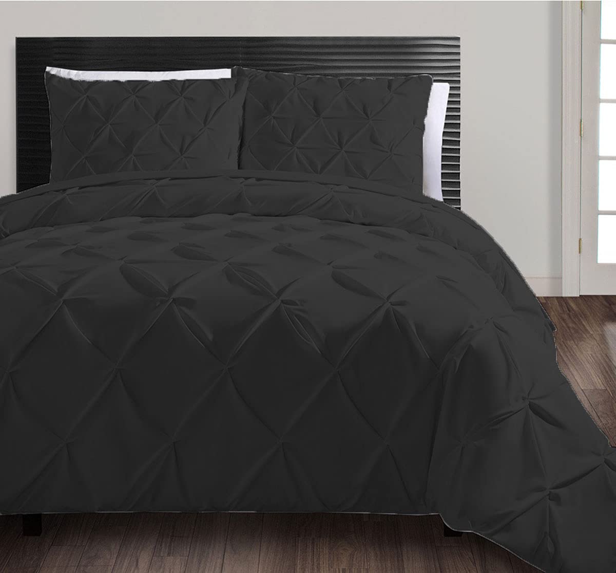 Luxurious 3-Piece Pintuck Duvet Cover Set - 100% Egyptian Cotton 500 Thread Count King Size Bedding - Soft Black Duvet Cover for Master Bedroom & Guest Room - Breathable & Wrinkle-Resistant