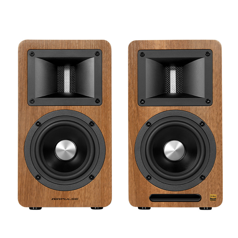 Airpulse A80 Active Bookshelf Speakers - Premium Walnut Wood Bluetooth Speaker System for Home Audio, Studio, and Office Use