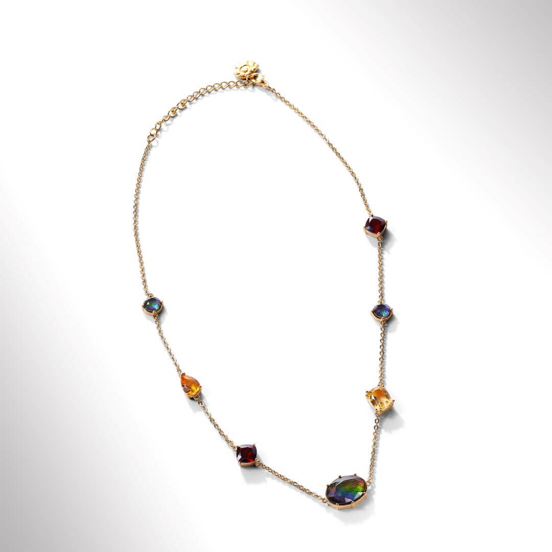 18K Gold Vermeil Ammolite Necklace with Garnet & Citrine | Elegant Radiant Station Pendant for Women | Perfect for Weddings, Parties & Special Occasions