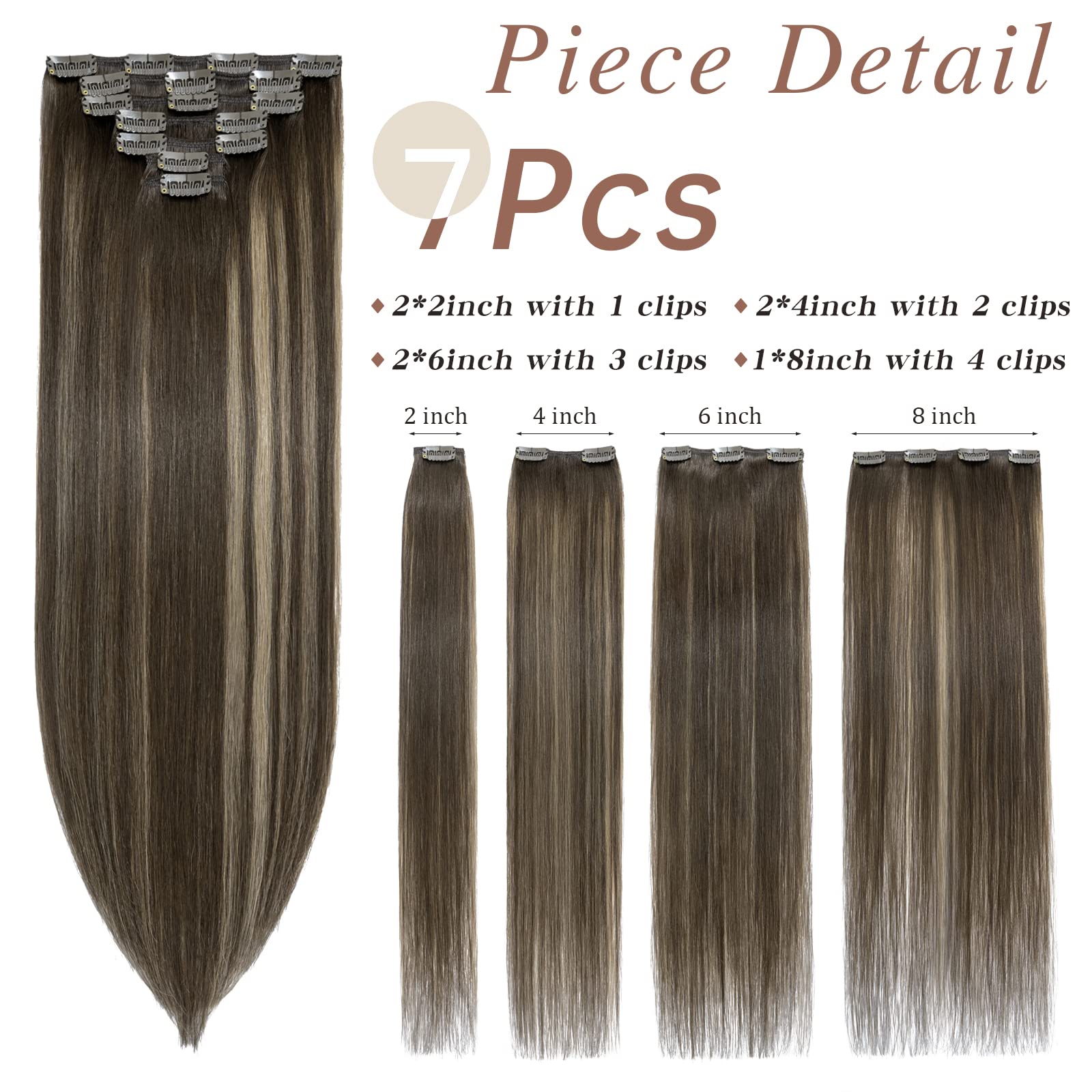 SEGO Clip In Hair Extensions - 100% Real Human Hair, Seamless Balayage, Double Weft, Natural Straight (14/16/18/20/22 Inch, 7PCS 120g) for Women - Perfect for Daily Styling, Parties & Special Occasions
