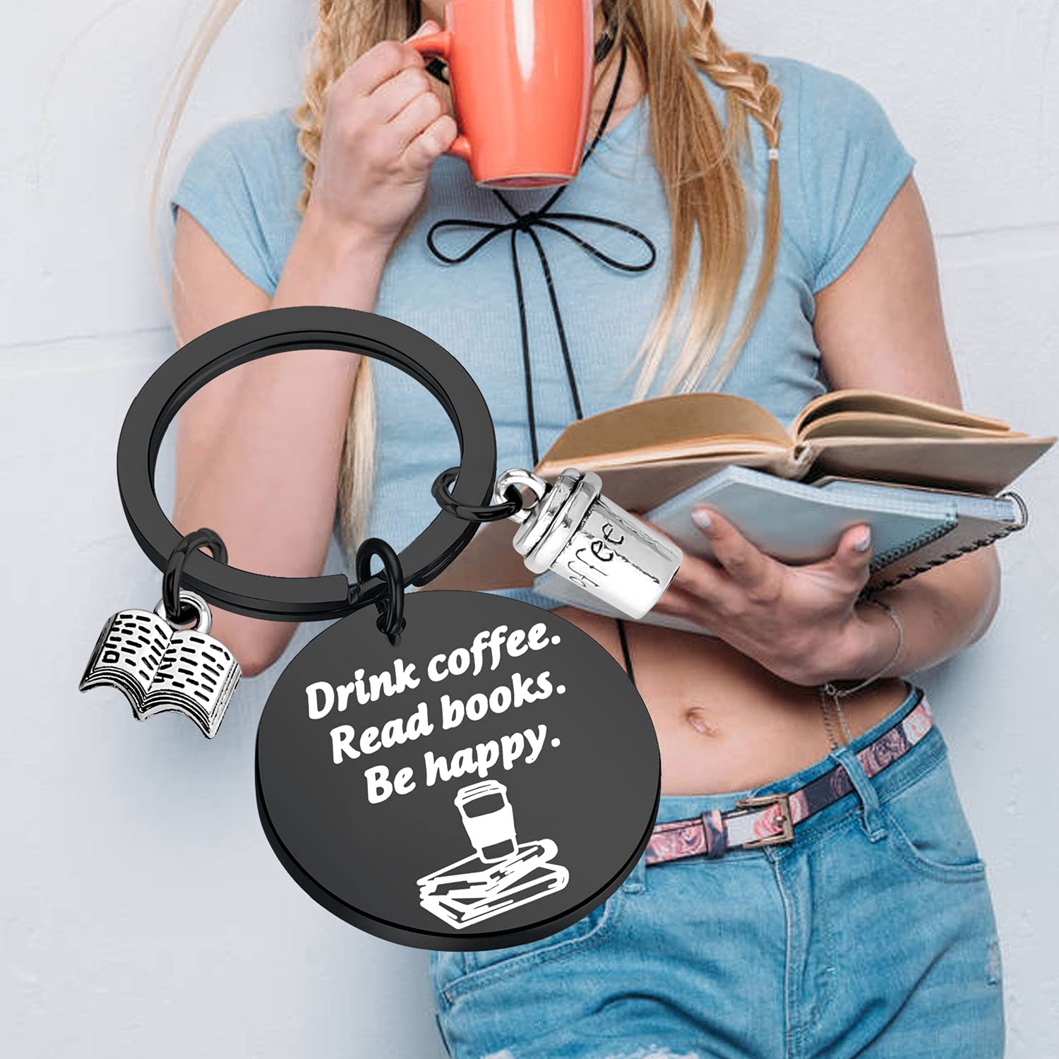 BEKECH Book & Coffee Lovers Gift Keychain - Inspirational 'Drink Coffee Read Books Be Happy' Charm - Perfect for Readers, Writers & Bibliophiles (Great for Book Clubs, Gifts & Everyday Carry)