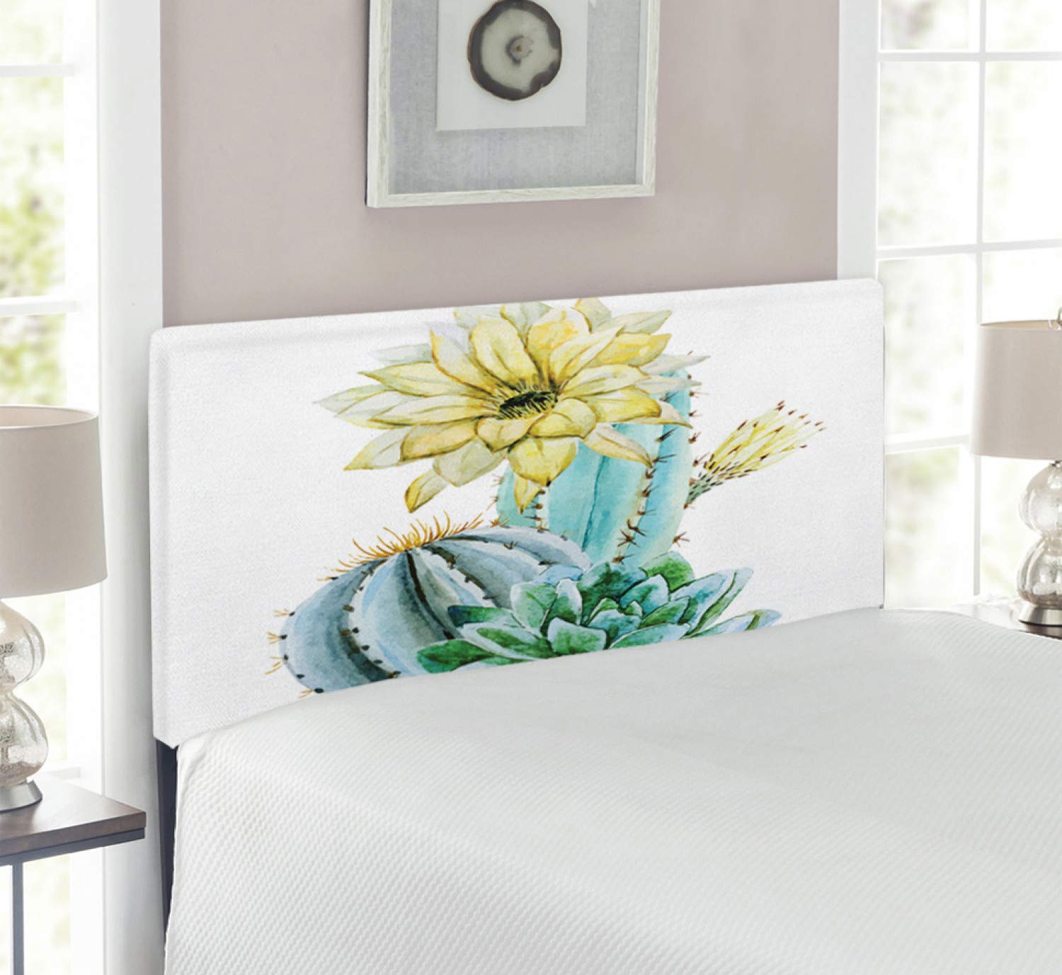 Ambesonne Cactus Headboard - Watercolor Cactus & Floral Print Upholstered Metal Bed Headboard with Memory Foam, Twin Size, Blue & White - Perfect for Boho Bedroom Decor & Guest Room Styling