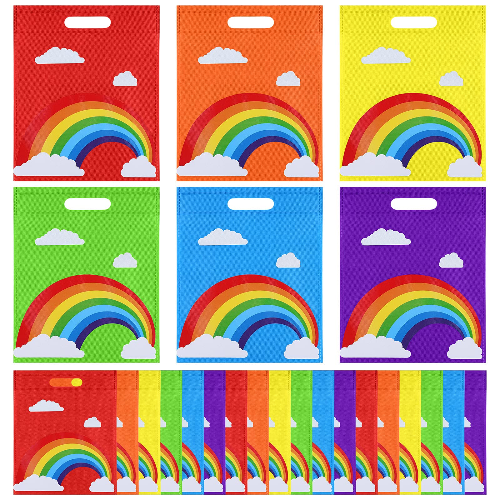 24 Pack Rainbow Poly Non-Woven Reusable Gift Bags with Handles - Colorful Party Favors for Birthdays, Baby Showers, Weddings & Events - 6 Vibrant Colors - Perfect for Candy, Snacks, Small Gifts & Party Decorations