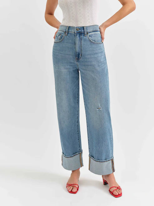 Daze Eastside Loose Cuff Jeans for Women - High Waist Distressed Denim Pants with Relaxed Fit - Perfect for Casual Outings, Streetwear Style & Everyday Comfort