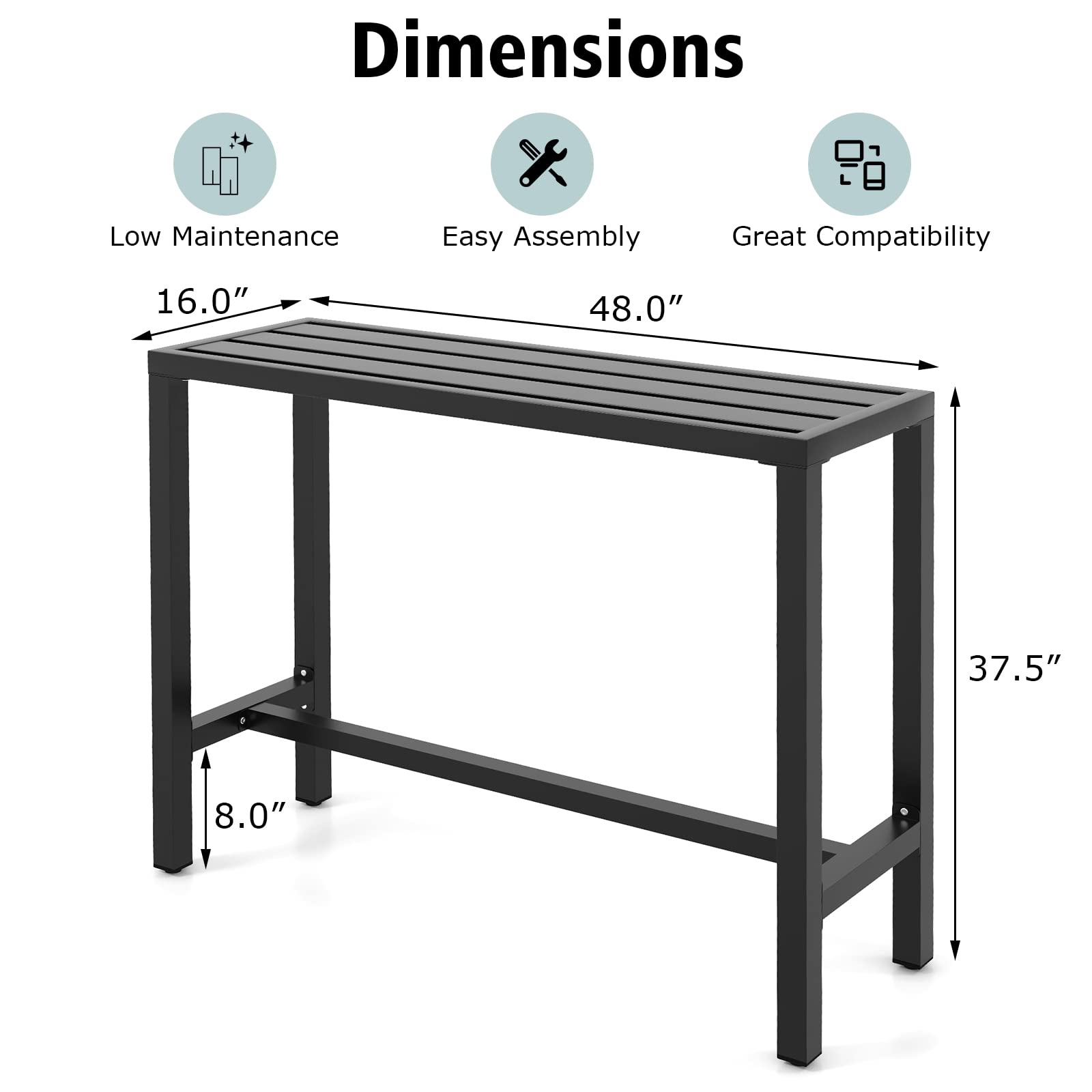 COSTWAY 48-inch Outdoor Bar Table - Narrow Counter Height Dining Table with Waterproof Top & Heavy-Duty Metal Frame - Black Rectangular Pub Table for Hot Tub, Garden, Patio, Backyard & Poolside - Perfect for Outdoor Entertaining & Relaxation