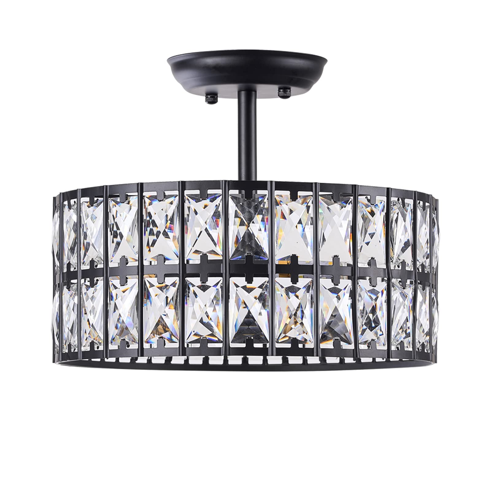Modern Black Crystal Semi Flush Mount Ceiling Light Fixture - 3-Light Small Chandelier with Drum Shade for Bedroom, Kitchen, Dining Room & Office | Elegant Lighting for Entryway, Hallway & Kitchen Island