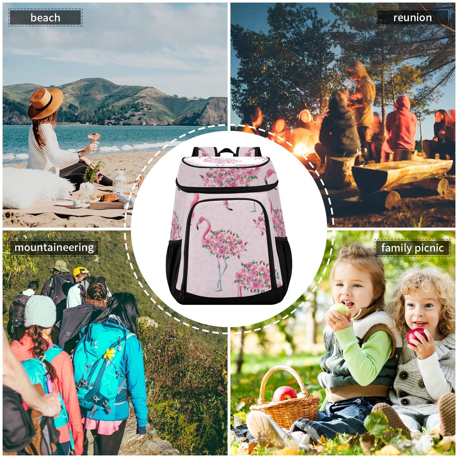 **Insulated Leakproof Cooler Backpack for Women & Men - Large Capacity Picnic Lunch Bag for Beach, Camping, Hiking, Fishing & Work - Flamingo Floral Design**    *(Perfect for outdoor adventures, picnics, beach trips, and keeping meals fresh at work or school!)*