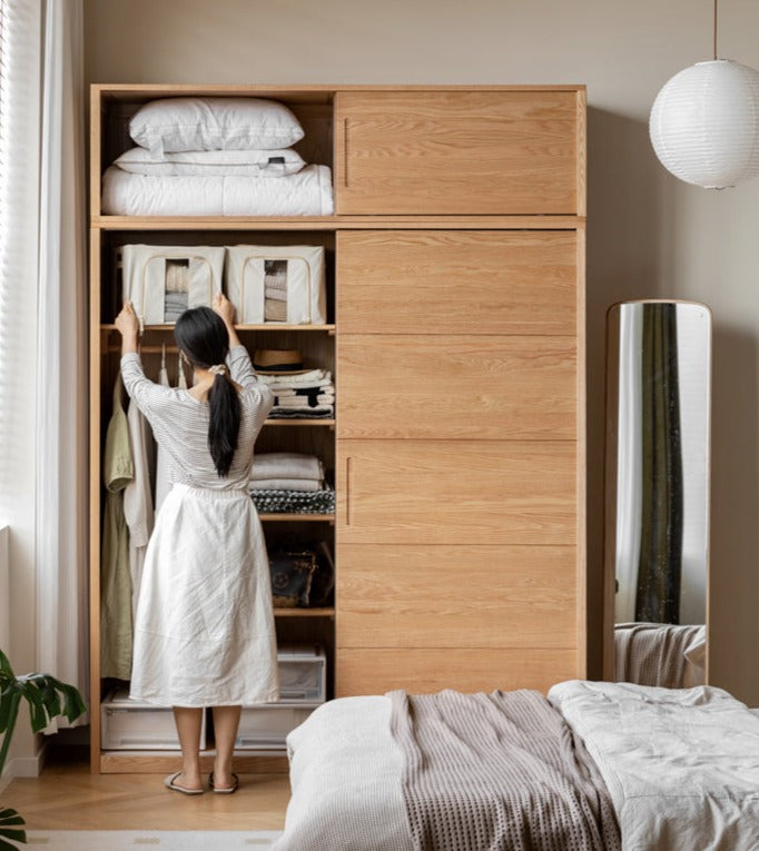 Solid Oak Wood Sliding Door Wardrobe Closet - Modern & Durable Storage for Bedroom, Living Room, or Walk-In Closet Organization