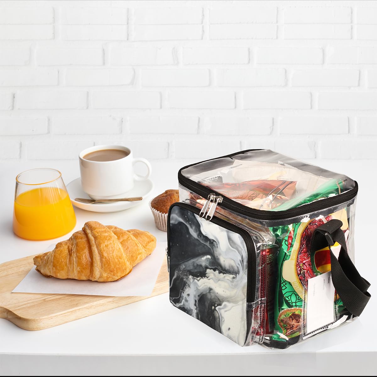 GzLeyigou Marble Print Clear Tote Bag with Handles - Black & White Marble Pattern Transparent Crossbody Shoulder Bag for Women | Perfect for Lunch, Outdoor Travel, Picnic, Concerts & Sports Events | Stadium Approved Multipurpose Purse