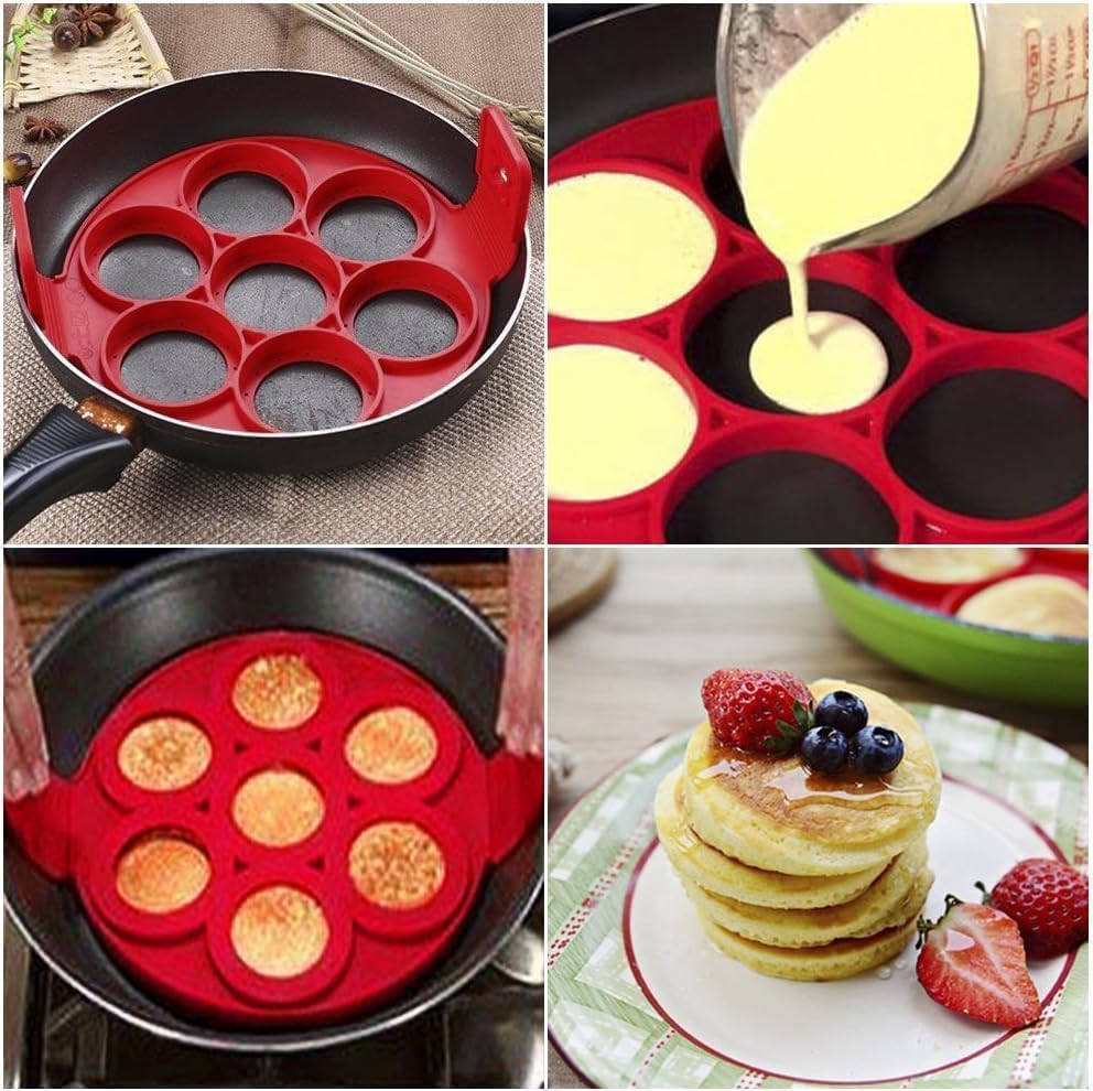 Flip N Cook Pancake Maker - Non-Stick Silicone Mold Set (Round, Heart Shapes, Pink) for Easy Homemade Pancakes, Breakfast & Kids Cooking Fun
