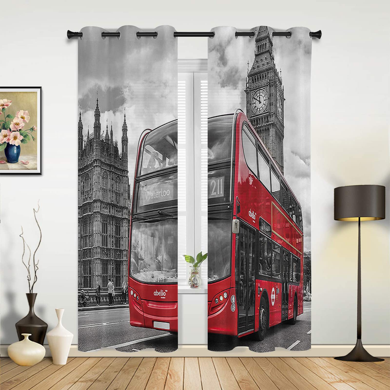 2 Panels London Street 3D Printed Blackout Curtains - Red Bus & Big Ben Design, Thermal Insulated Grommet Window Drapes for Bedroom & Living Room (52