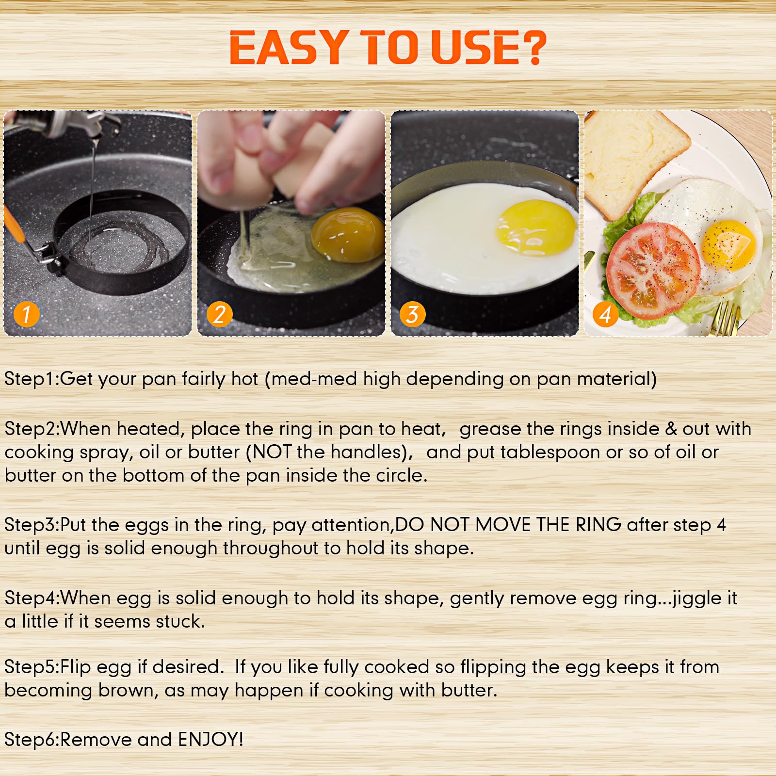 **Patelai 6-Piece Stainless Steel Egg & Pancake Ring Set with Orange Silicone Handle – 4 & 6 Inch Non-Stick Molds for Perfect Fried Eggs, Omelettes, Pancakes & Breakfast Sandwiches – Ideal for Home Cooking, Brunch, and Meal Prep**