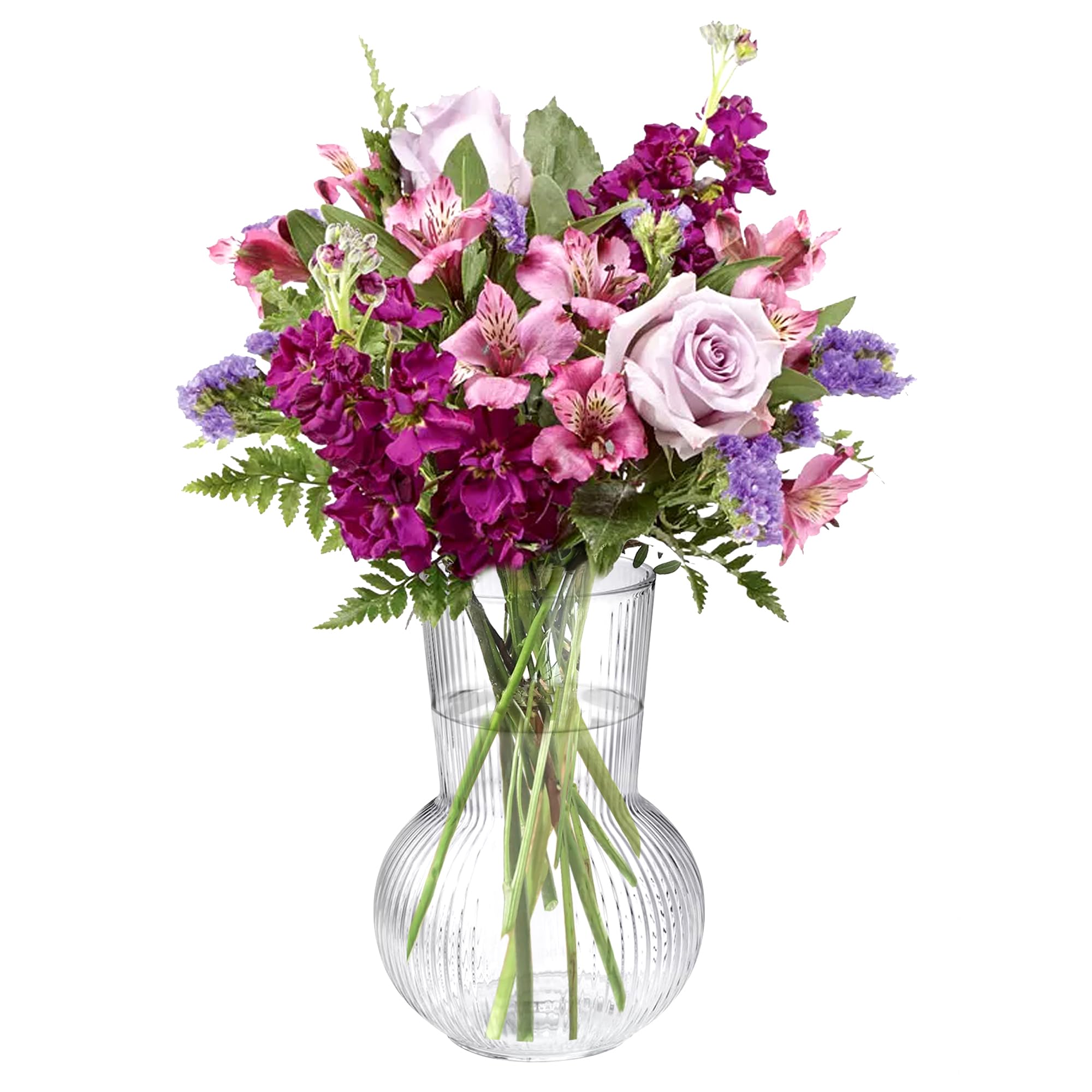 Elegant Ribbed Glass Vase - 17cm (6.6 Inch) Flower Vase for Roses, Tulips, Peonies & Daffodils - Perfect for Home Decor, Wedding Centerpieces & Tabletop Arrangements
