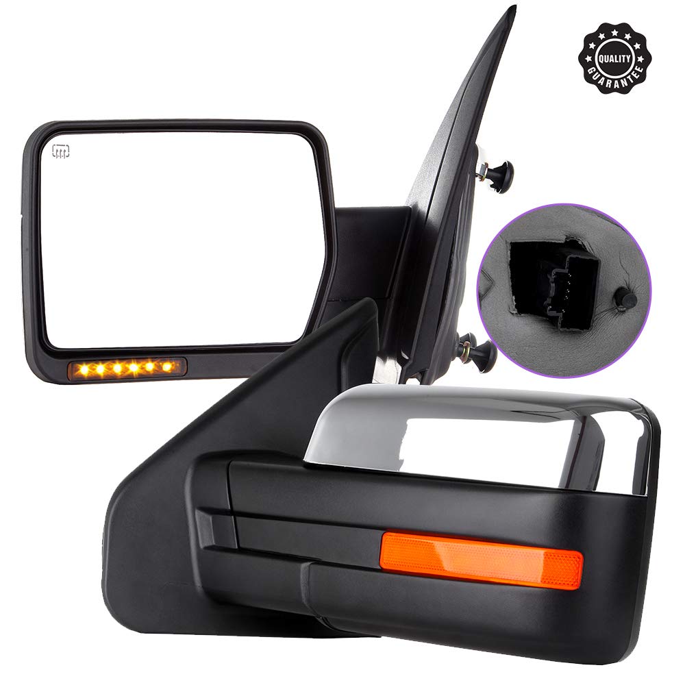 CCiyu Chrome Power-Adjusted Heated Towing Mirrors with Turn Signal & Puddle Light - Compatible with 2004-2014 Ford F150 Pickup (LH Left & RH Right) - Enhanced Visibility & Safety for Towing, Night Driving & Off-Road Adventures